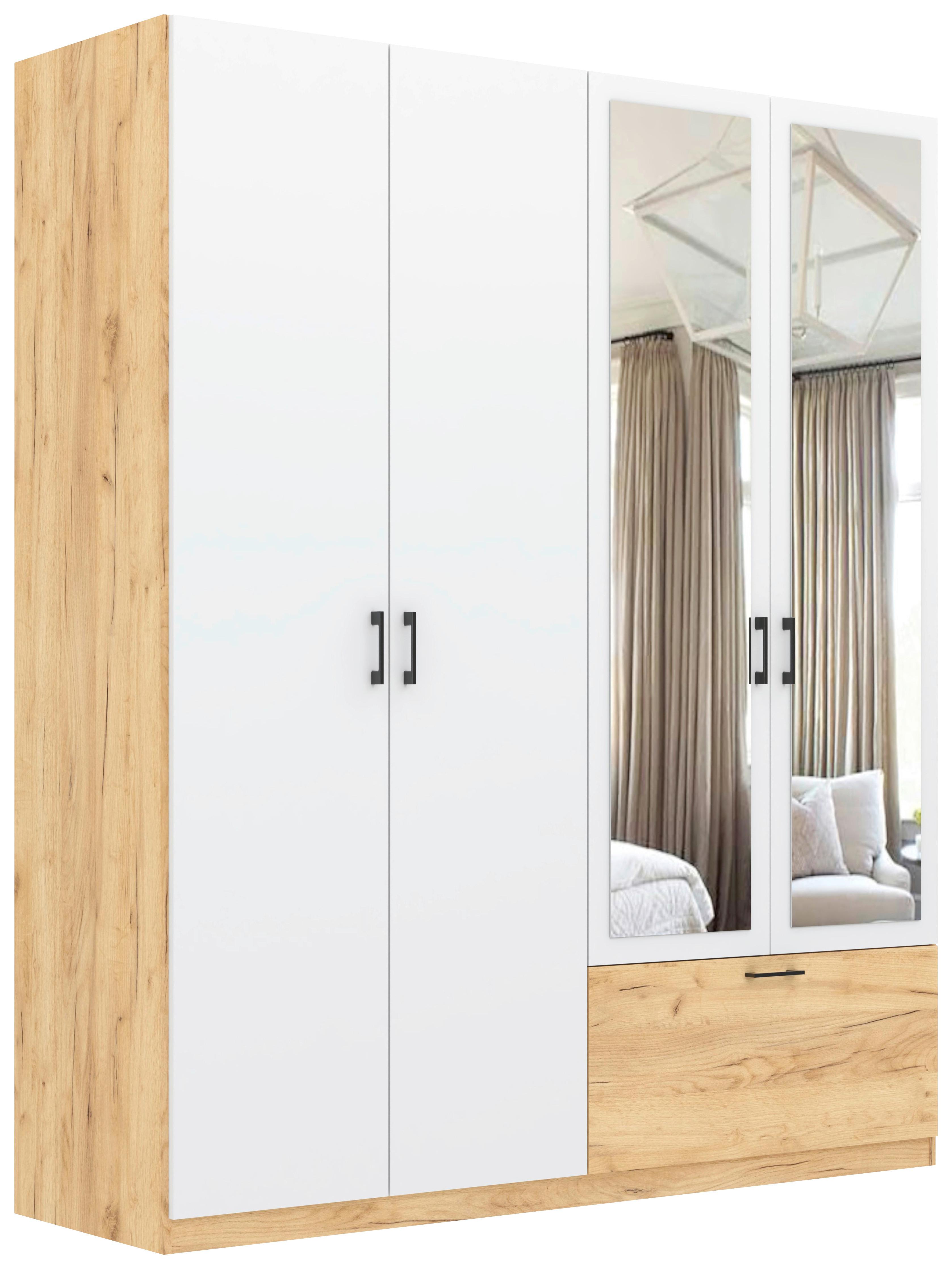 Drehtürenschrank mit Schublade 180cm Mila Weiß/Eiche - Klar/Eiche Artisan, KONVENTIONELL, Glas/Holzwerkstoff (180/210/54cm)
