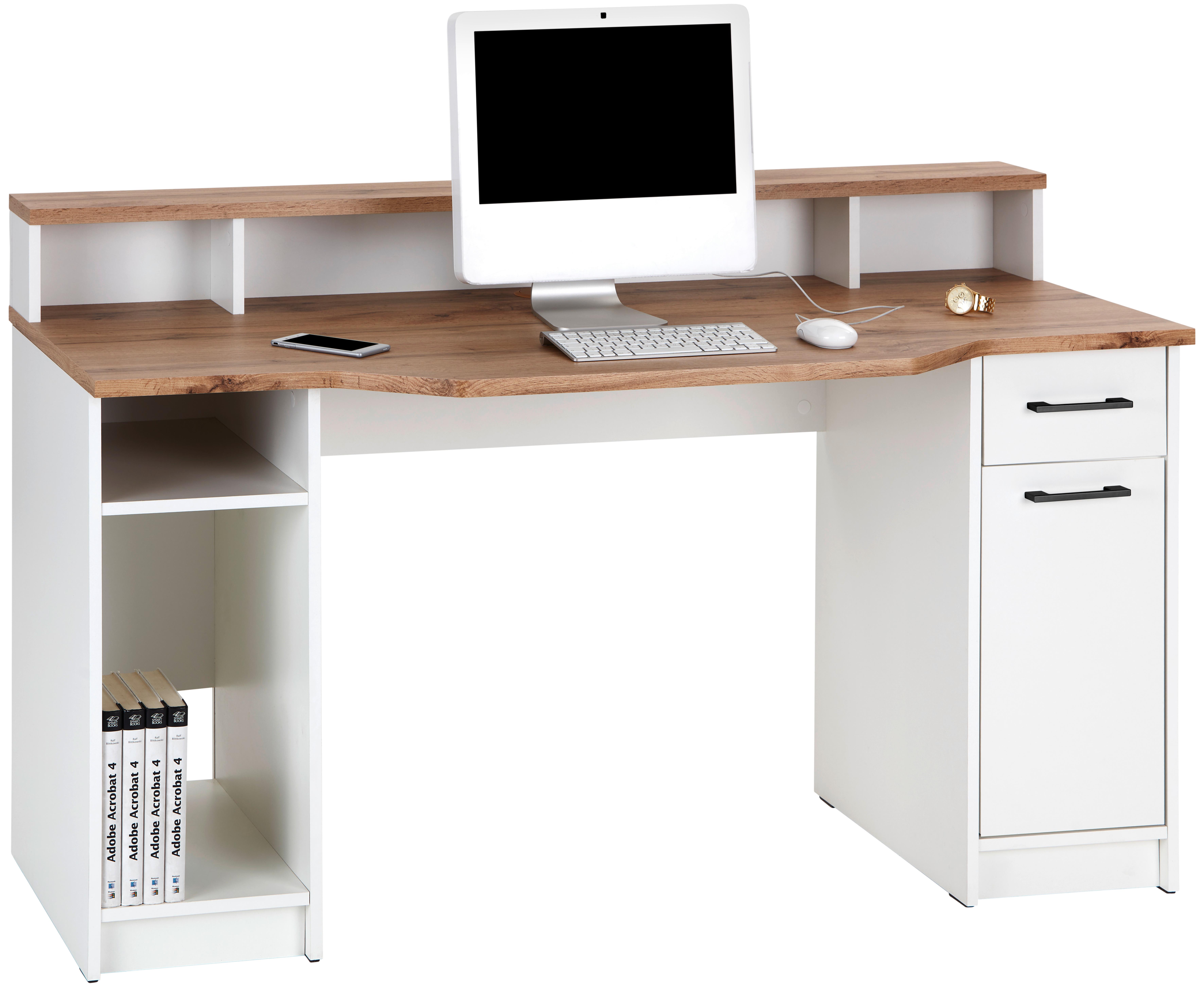 Schreibtisch in Weiß und eichefarben mit Stauraum