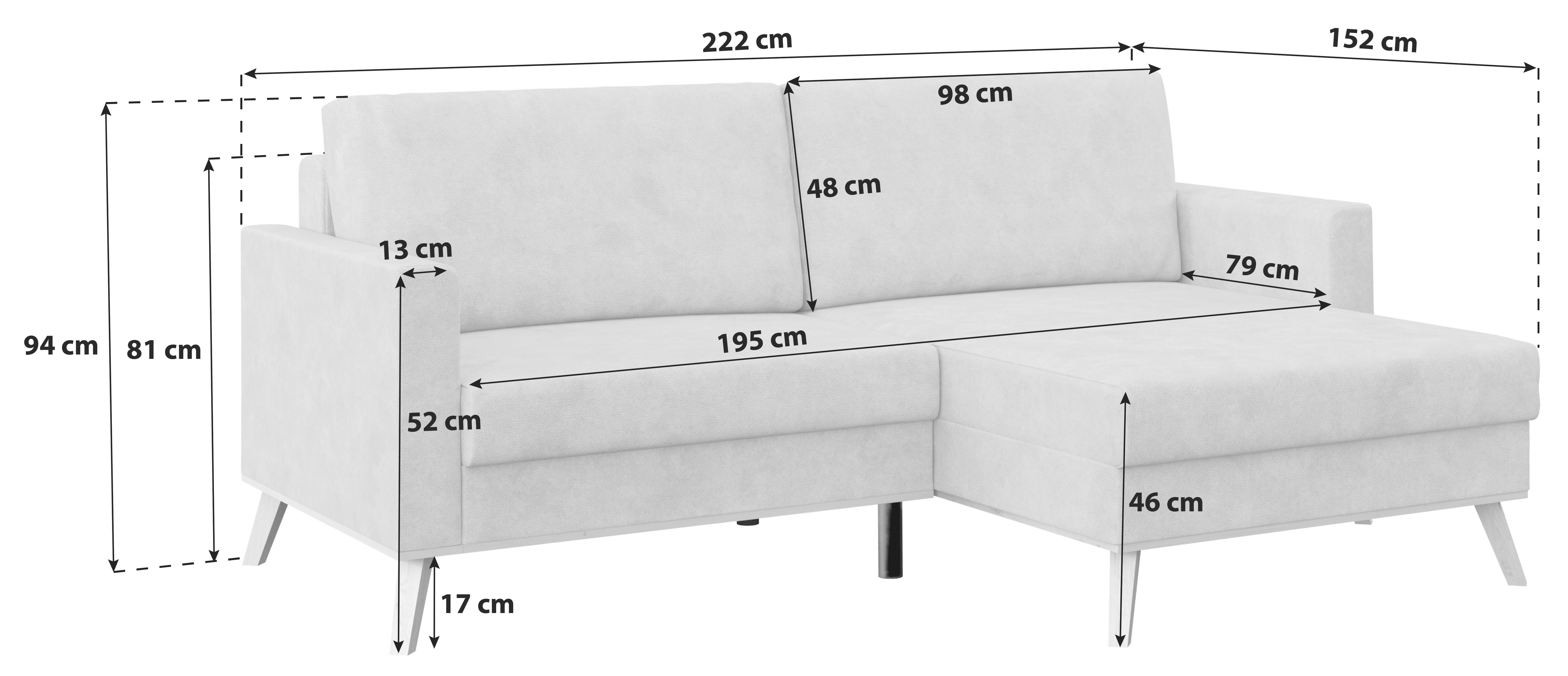 Ecksofa Mit Schlaffunktion & Bettkasten Carini Hellblau - Eichefarben/Creme, Basics, Textil (222/152cm)