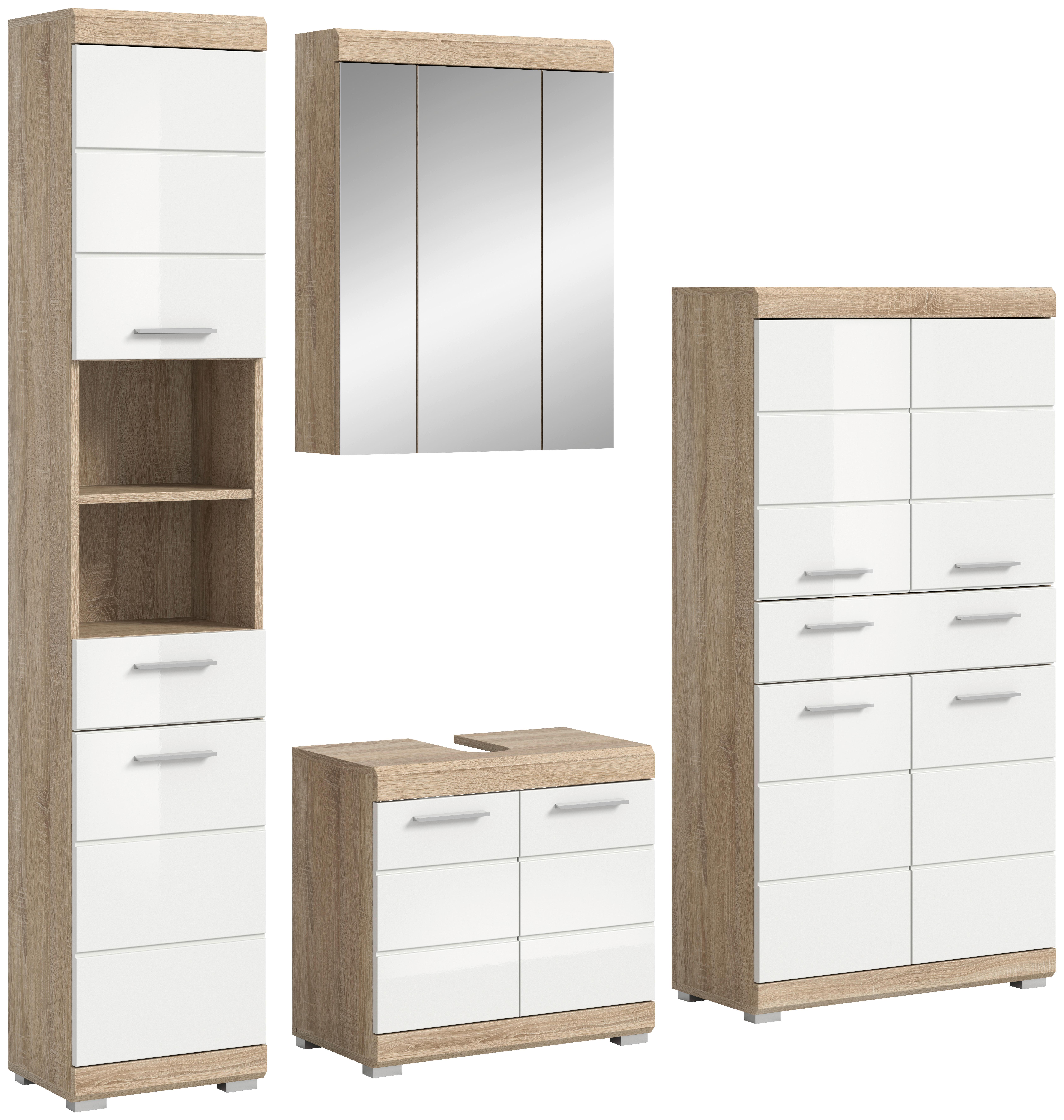 Badezimmer Lambada Eiche Dekor/Weiß B: 171 cm - Weiß Hochglanz/Silberfarben, MODERN, Glas/Holzwerkstoff (171cm) - MID.YOU