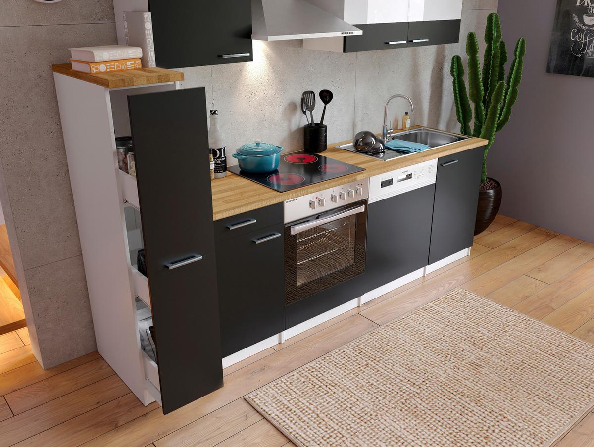 Küchenzeile Economy mit Geräten 250 cm Schwarz/Nussbaum Dekor - Nussbaumfarben/Schwarz, Basics, Holzwerkstoff (250cm) - Respekta