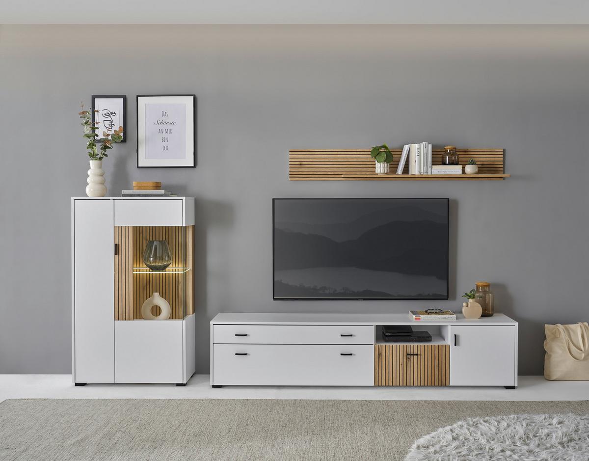 Hudson Wohnwand Weiß/Eichefarben B: 285 cm - Eichefarben/Schwarz, Design, Glas/Holzwerkstoff (285/170/42cm) - MID.YOU