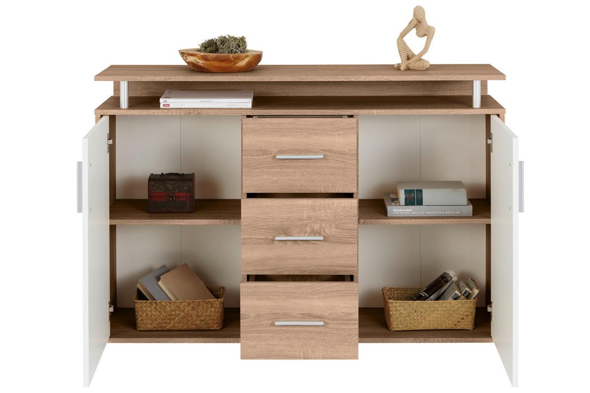 Kommode 132 Cm Drift, Eiche Dekor/weiß - Eichefarben/Weiß, MODERN, Holzwerkstoff (132/88/34,6cm)