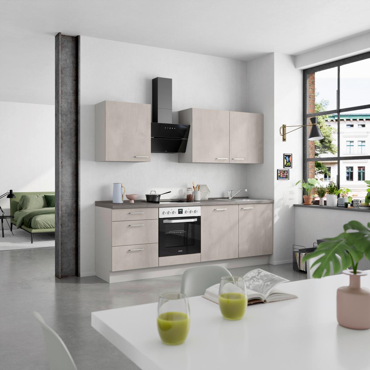 Kuchynská linka 240 cm, šedý betón/ kamenná šedá - sivá/farba ušľachtilej ocele, Modern, kov/kompozitné drevo (240cm) - Nobilia