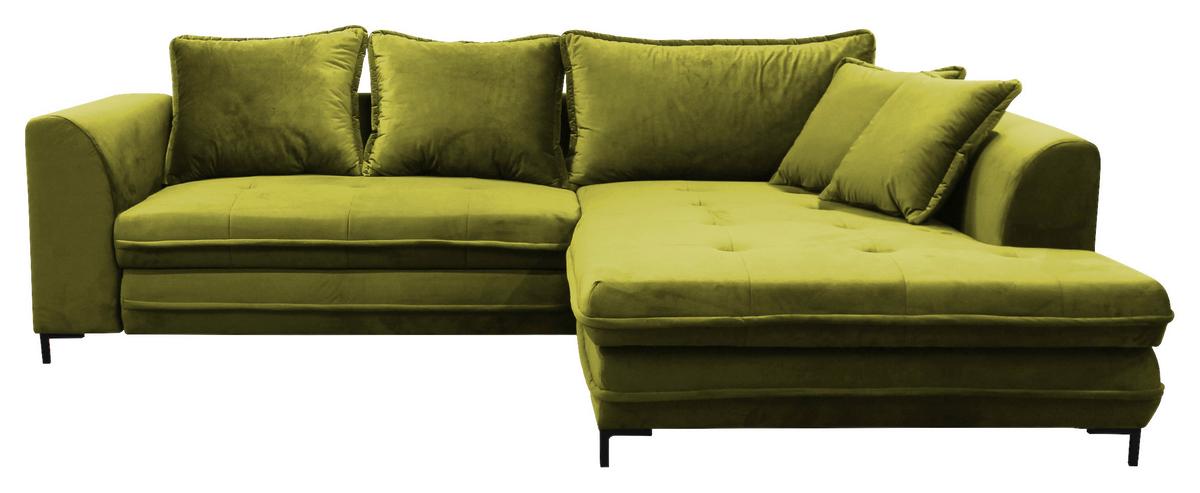 Modernes Ecksofa in Hellgrün mit Armlehnen, Zier- und Rückenkissen