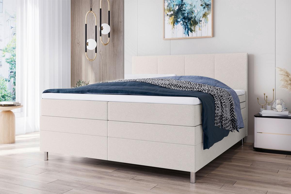 Boxspringbett mit Topper und Bettkasten 140x200 cm Messina - Chromfarben/Creme, KONVENTIONELL, Textil (140/200cm)