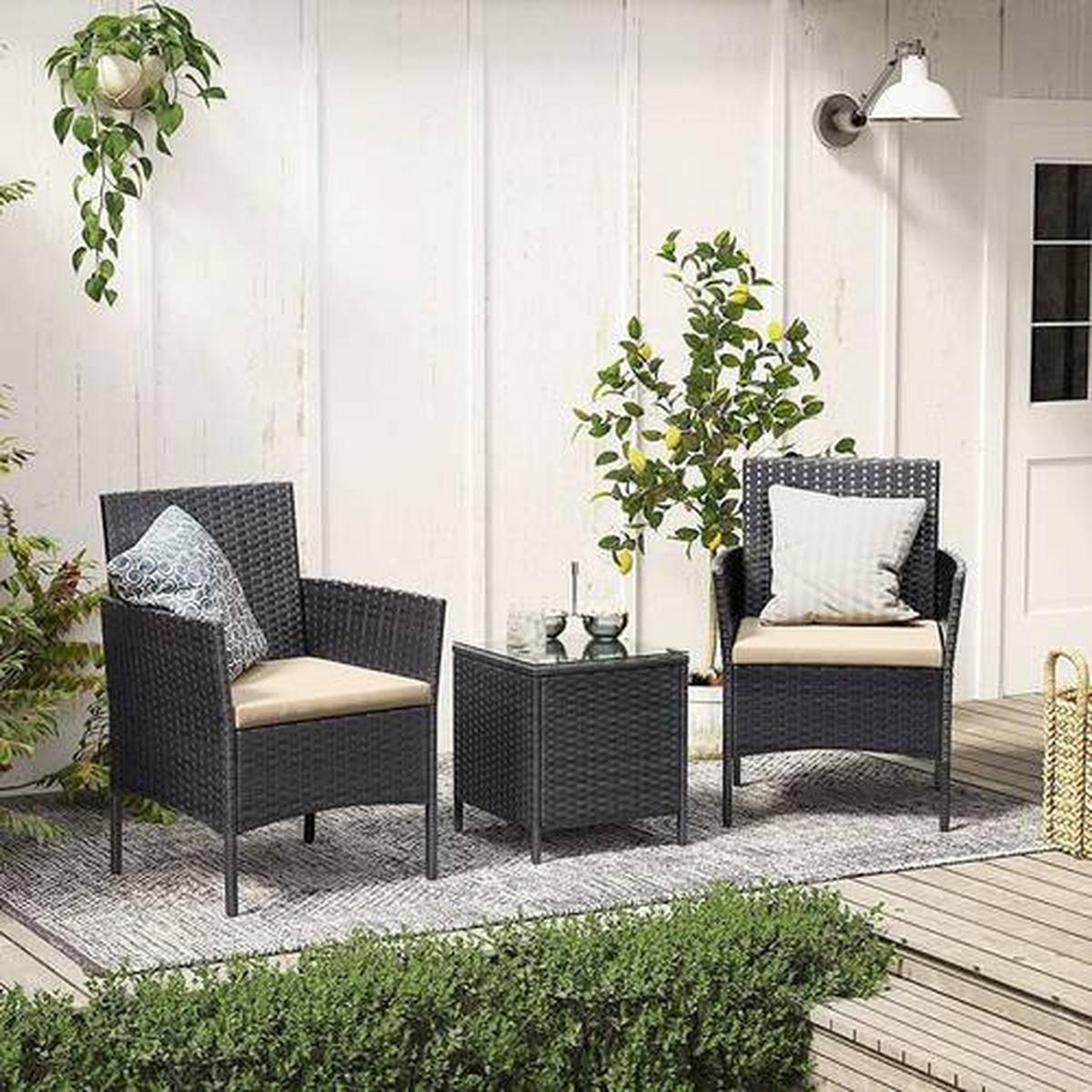 Gartenset 3-Tlg. Schwarz Beige inkl. Tisch mit Glasplatte - Beige/Schwarz, MODERN, Glas/Kunststoff - Modante