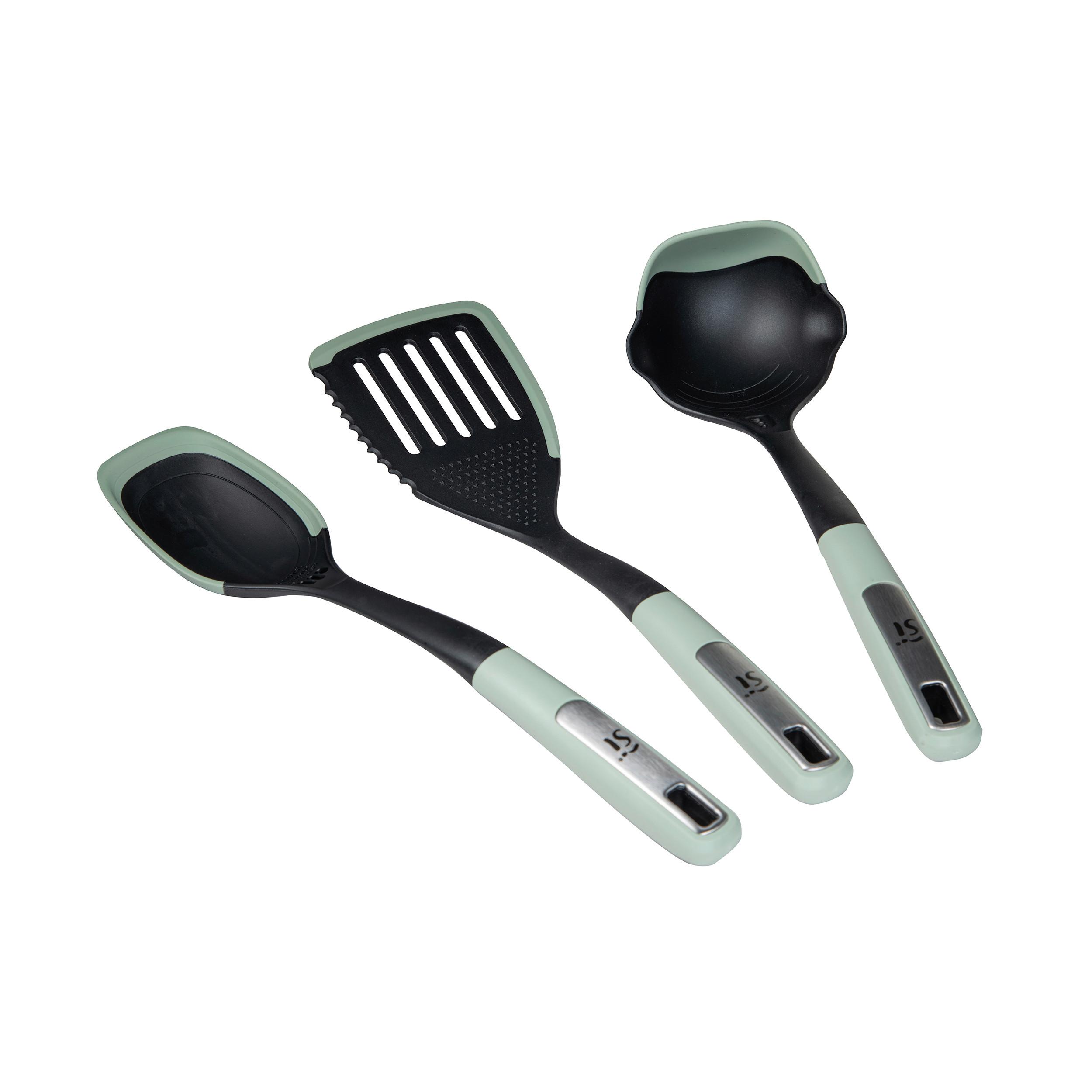 Küchenhelferset 3-teilig Salbeigrün, Schwarz, Silber - Salbeigrün/Silberfarben, Basics, Kunststoff (13/11.5/35.5cm)