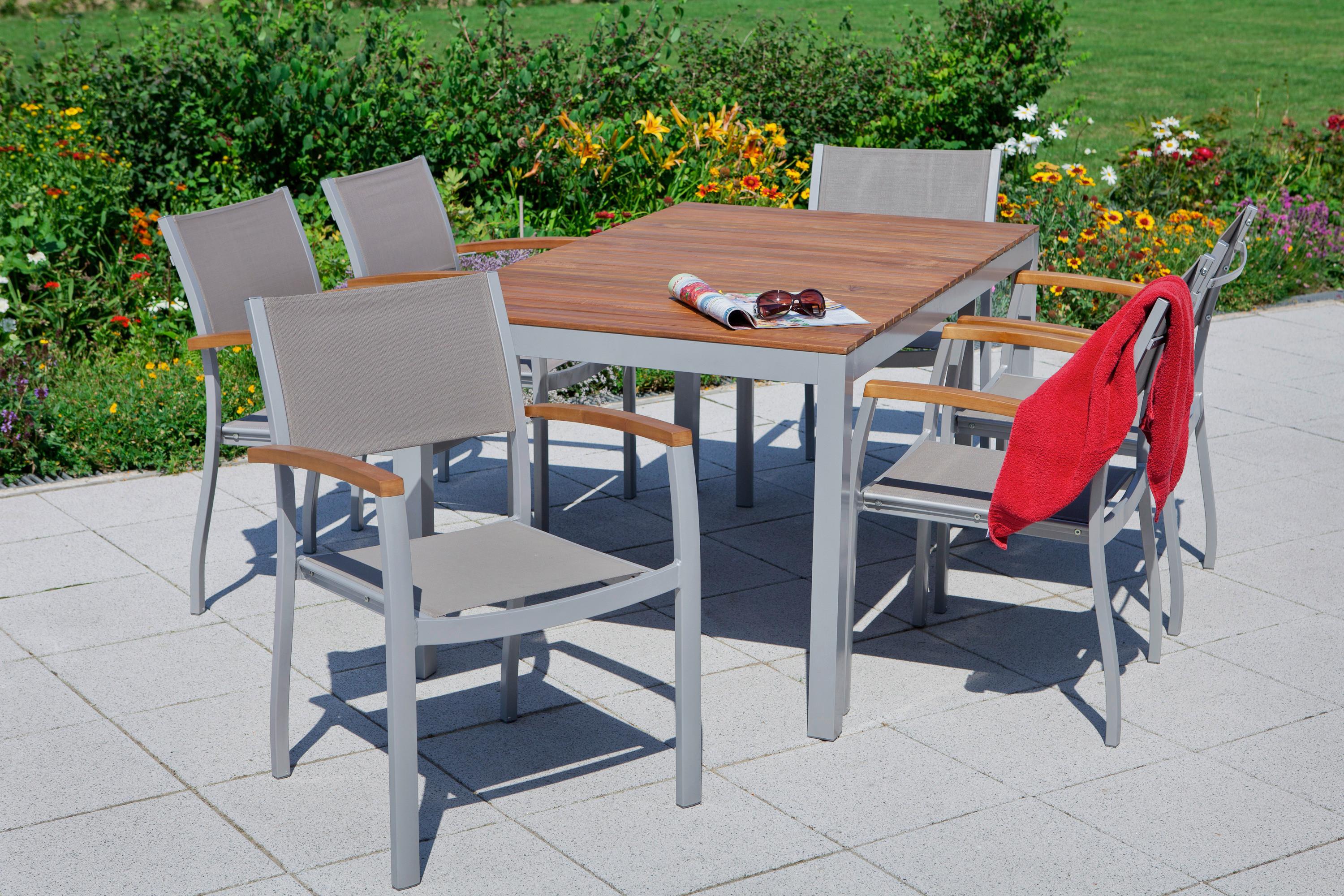 Gartengarnitur 7-tlg. Naxos Akazie/aluminium - Silberfarben/Grau, ROMANTIK / LANDHAUS, Holz/Textil - Gardenson