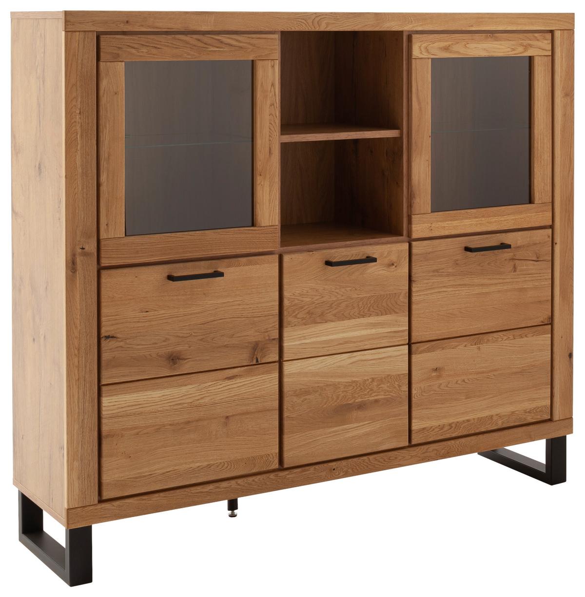 Highboard Kambo Wildeiche 5 Türen - Wildeiche/Schwarz, ROMANTIK / LANDHAUS, Glas/Holz (158,5/140/40cm)