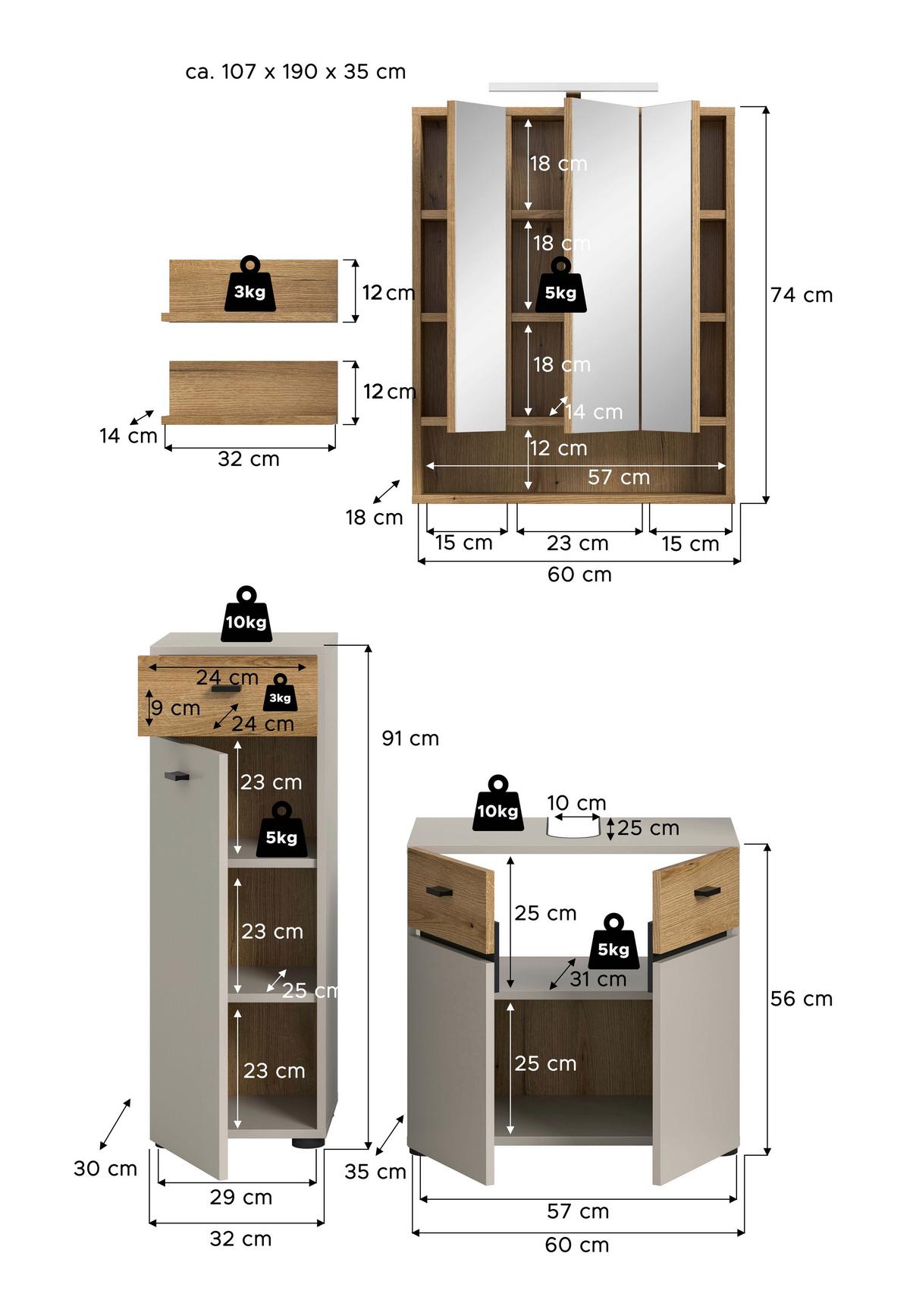 Badezimmer Aqua Kaschmir/Eichefarben B: 92cm - Kaschmir/Eichefarben, Trend, Glas/Holzwerkstoff (92cm) - MID.YOU