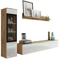 Wohnkombination 3--teilig. mit LED Vera Weiß/Eiche Dekor - Weiß Hochglanz/Eiche Wotan, LIFESTYLE, Glas/Holzwerkstoff (210/130/33cm) - P & B