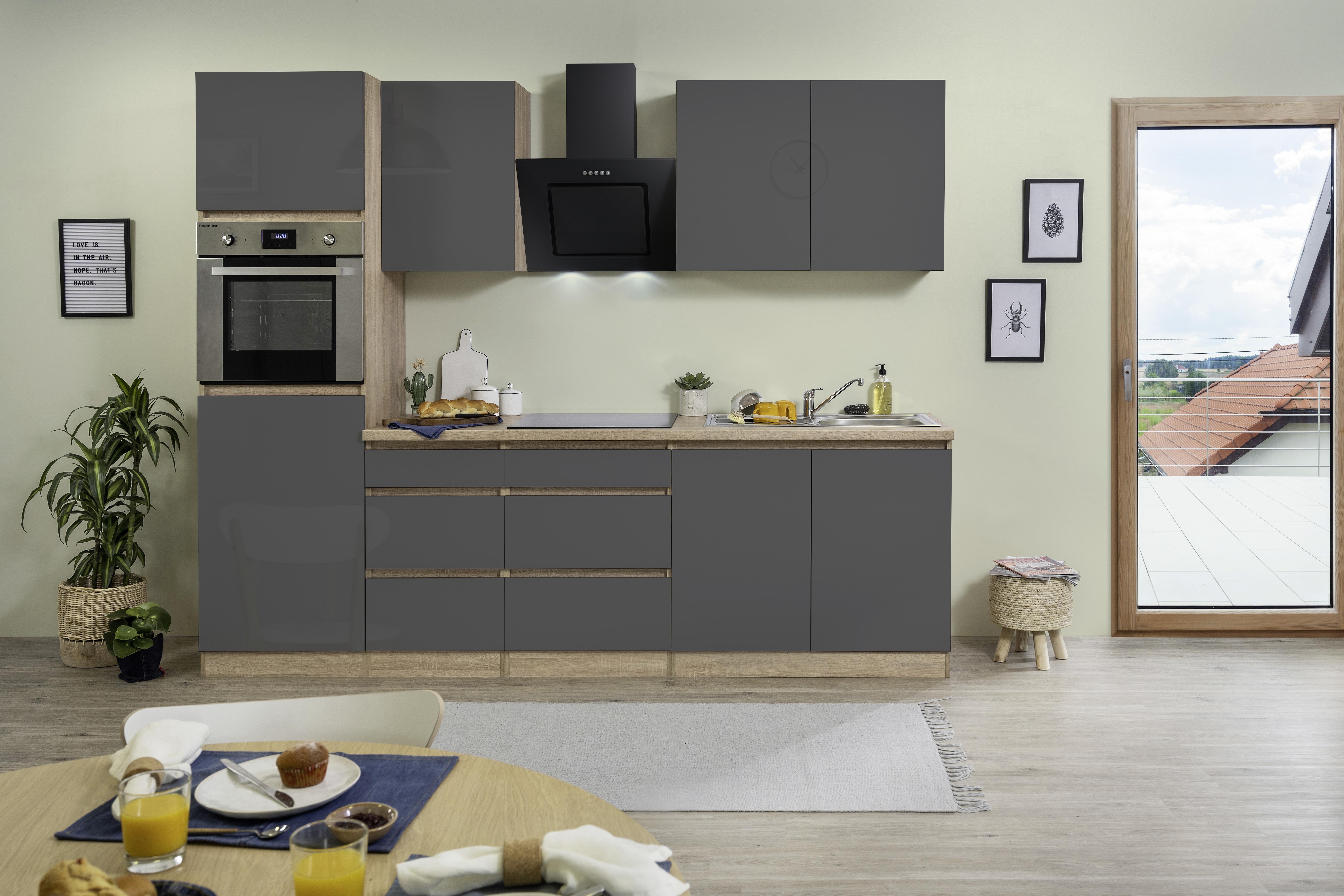 Küchenzeile Premium mit Geräten 270 cm Eiche Sägerau Hochglanz - Eichefarben/Grau, MODERN, Holzwerkstoff (270cm) - Respekta