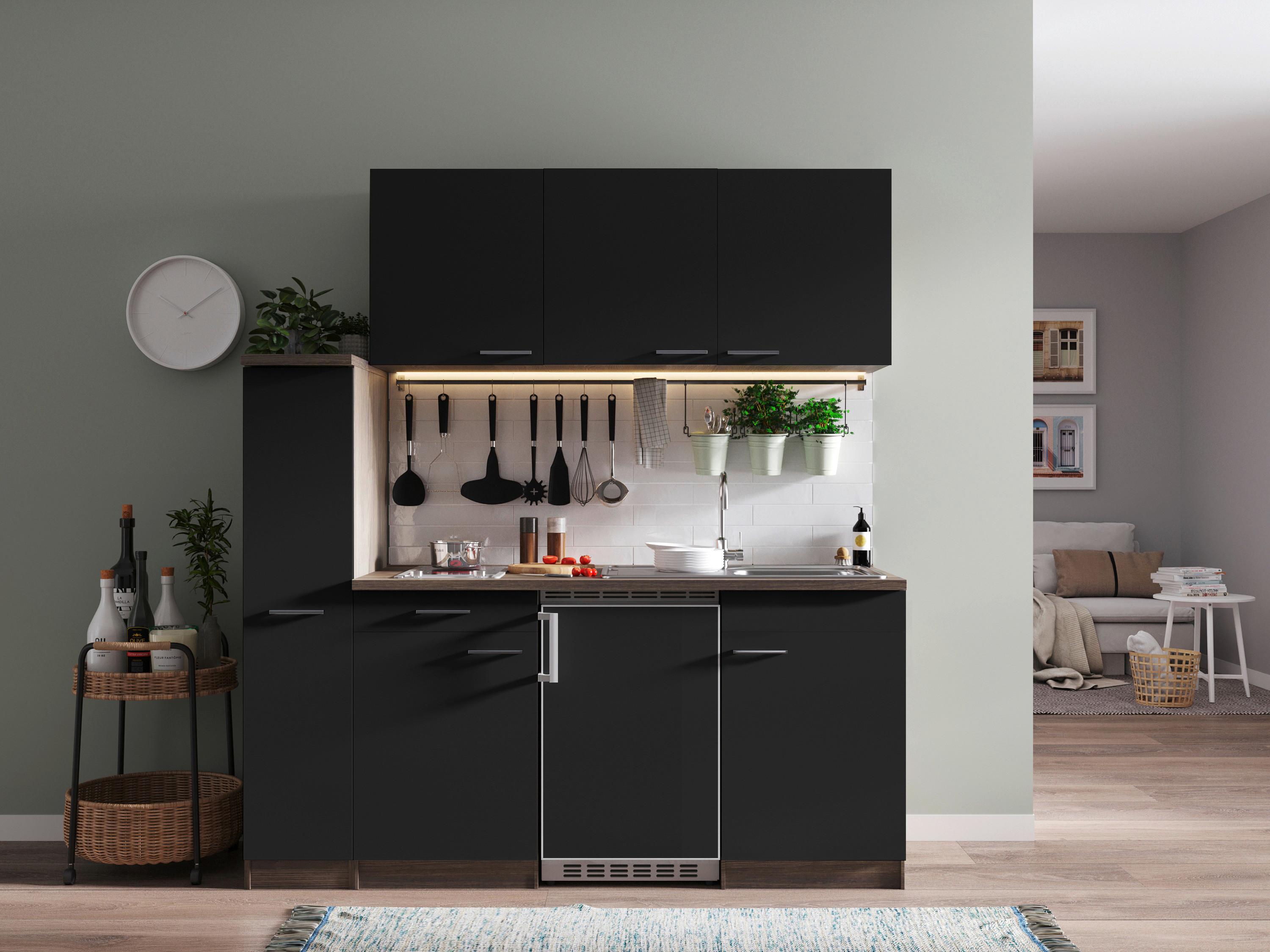 Küchenblock Oliver Singleküche 180 cm - Eichefarben/Schwarz, Basics, Holzwerkstoff (180cm) - Respekta