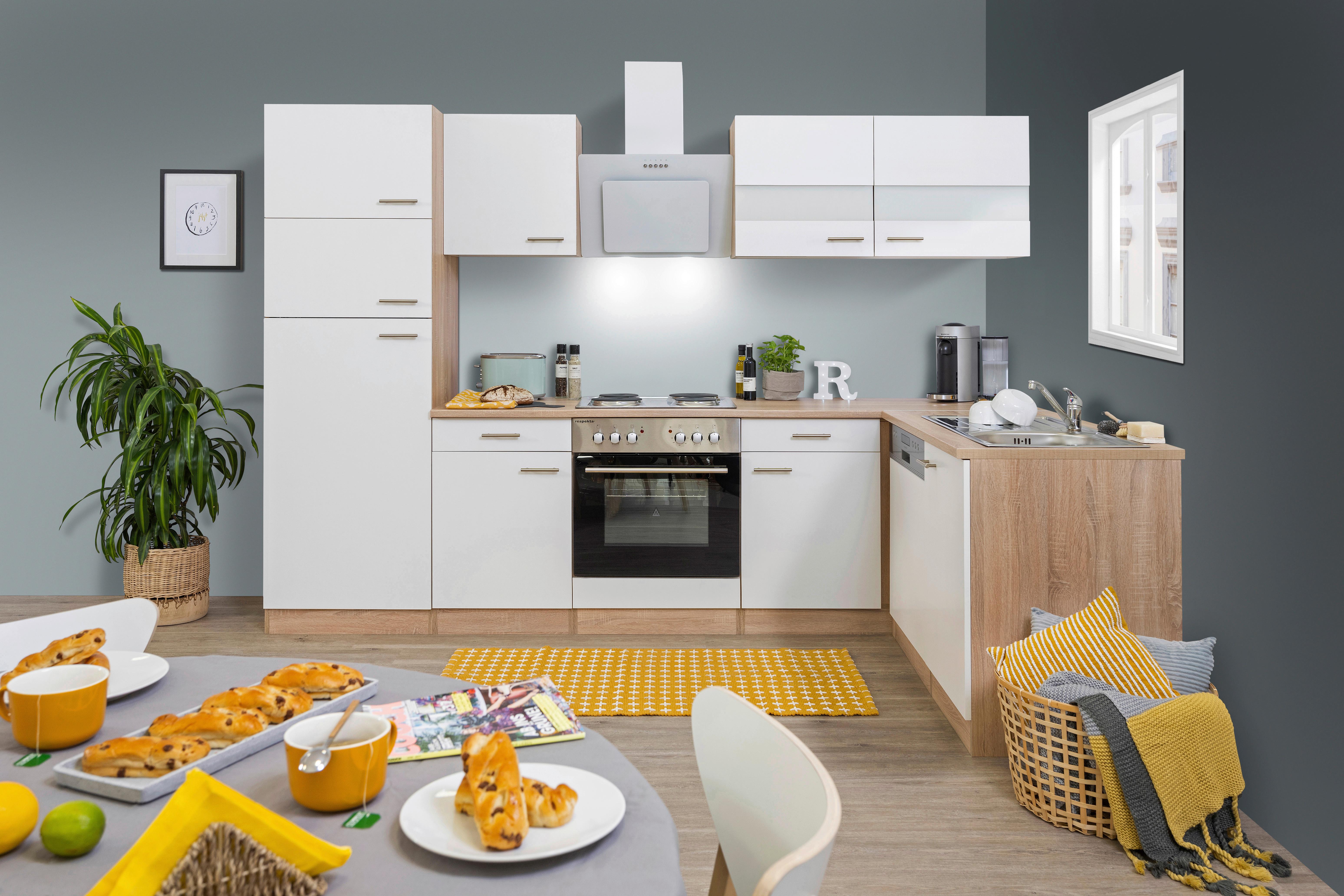 Eckküche Economy mit Geräten 172x280 cm Weiß/Eiche Dekor - Eichefarben/Eschefarben, Basics, Glas/Holzwerkstoff (280/172cm) - Respekta