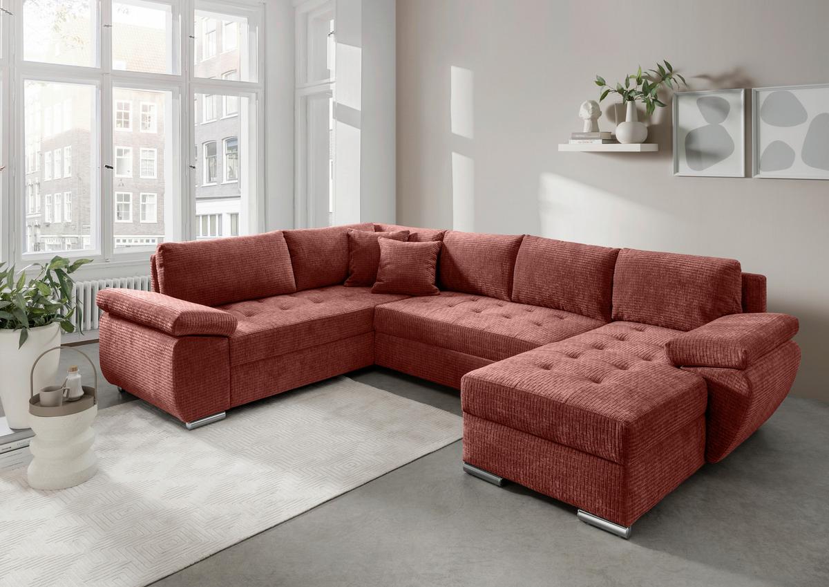 Wohnlandschaft Terana Koralle mit Schlaffunktion, Mikrofaser - Chromfarben/Koralle, KONVENTIONELL, Textil (219/305/157cm) - Livetastic