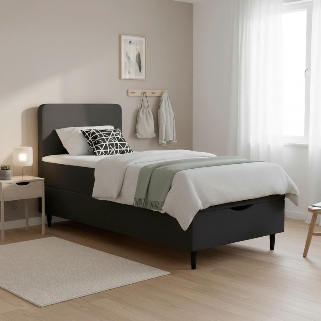 Boxspringová posteľ VIDA 90x200, tmavosivá, s topperom - čierna/tmavosivá, Modern, drevo/textil (90/200cm) - Bessagi Home