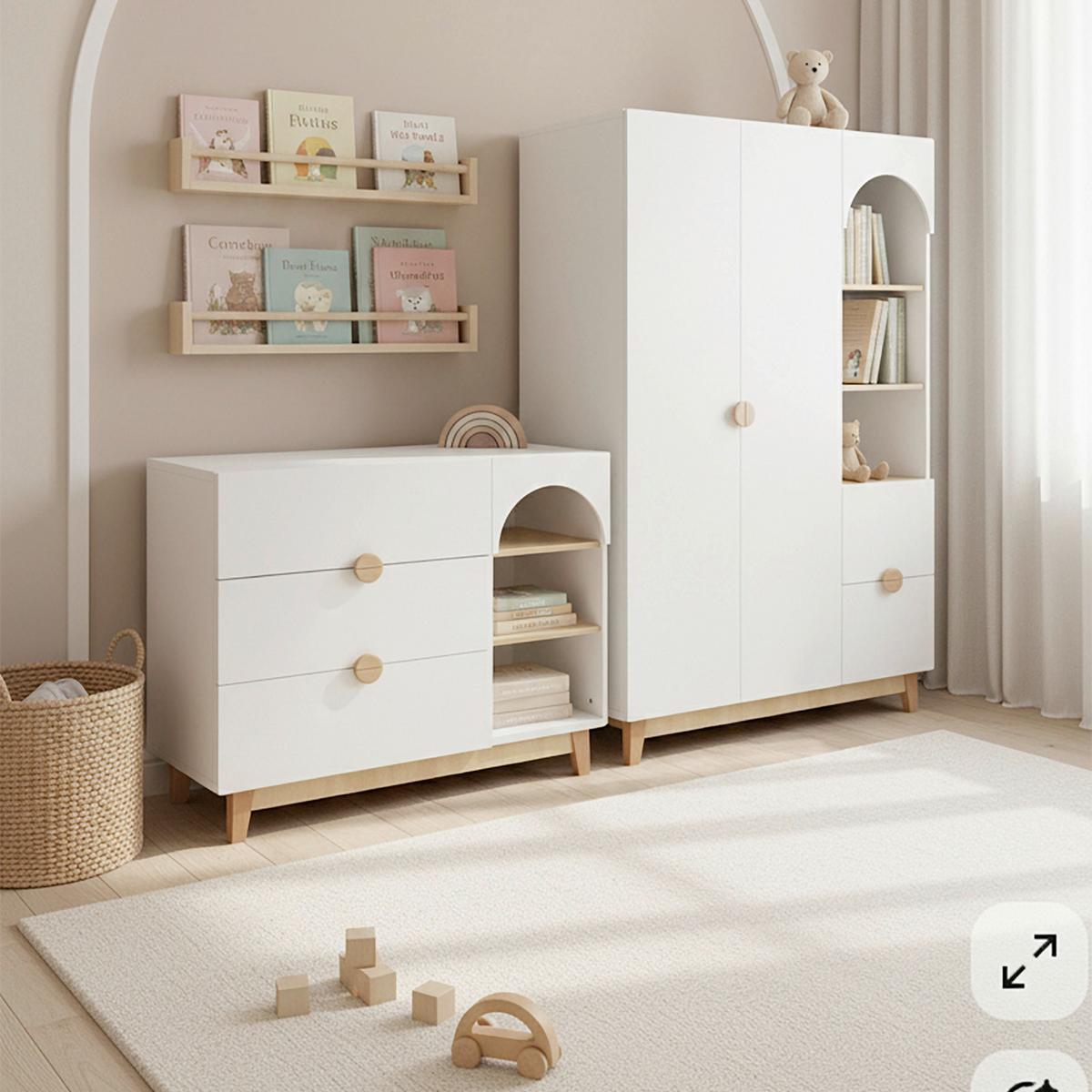 Detská šatníková skriňa ENNY biela, drevené nohy - farba buka/biela, Modern, drevo/kompozitné drevo (120/182/54cm) - Bessagi Kids