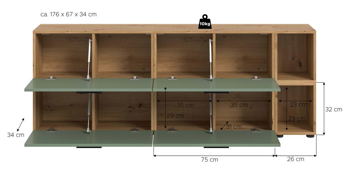 Wohnwand, The ONE 6, B: 176 cm Olivgrün/Artisan Eiche Dekor - Schwarz/Weiß, Trend, Holzwerkstoff (176/67/34cm)