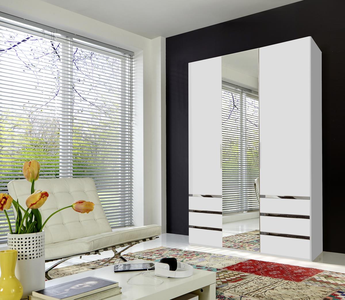Drehtürenschrank Mit Spiegel + Laden 150cm Level 36a, Weiß - Silberfarben/Weiß, MODERN, Glas/Holzwerkstoff (150/216/58cm) - MID.YOU