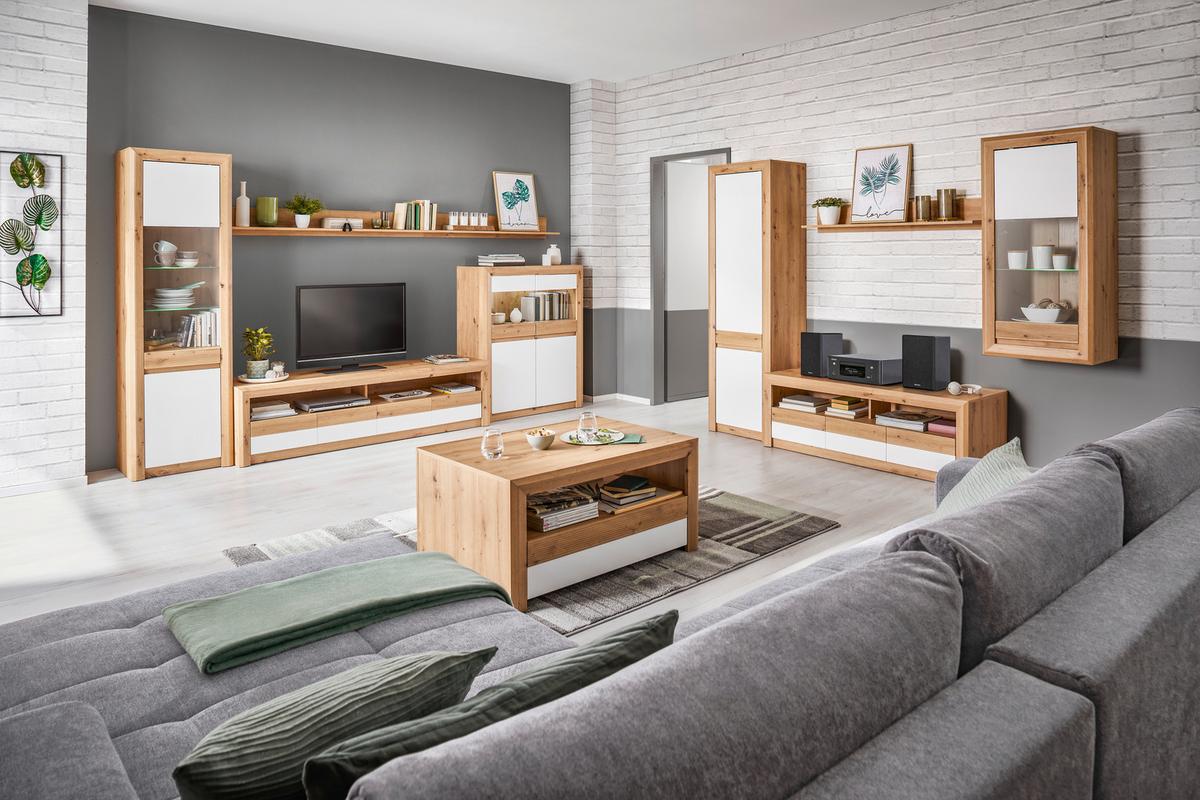 Wohnkombination 5 -teilig. Mit Led Kashmir New 5 Eiche Dekor/weiß - Eichefarben/Weiß, MODERN, Holzwerkstoff (285/192/49cm) - James Wood