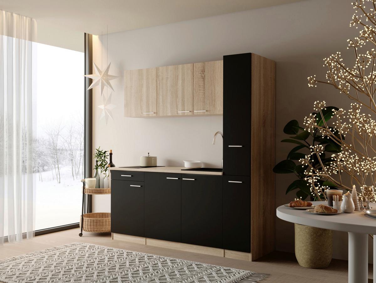 KÜCHENBLOCK Ingrid, Schwarz B: 180 cm - Eichefarben/Schwarz, Design, Holzwerkstoff (180cm) - Respekta