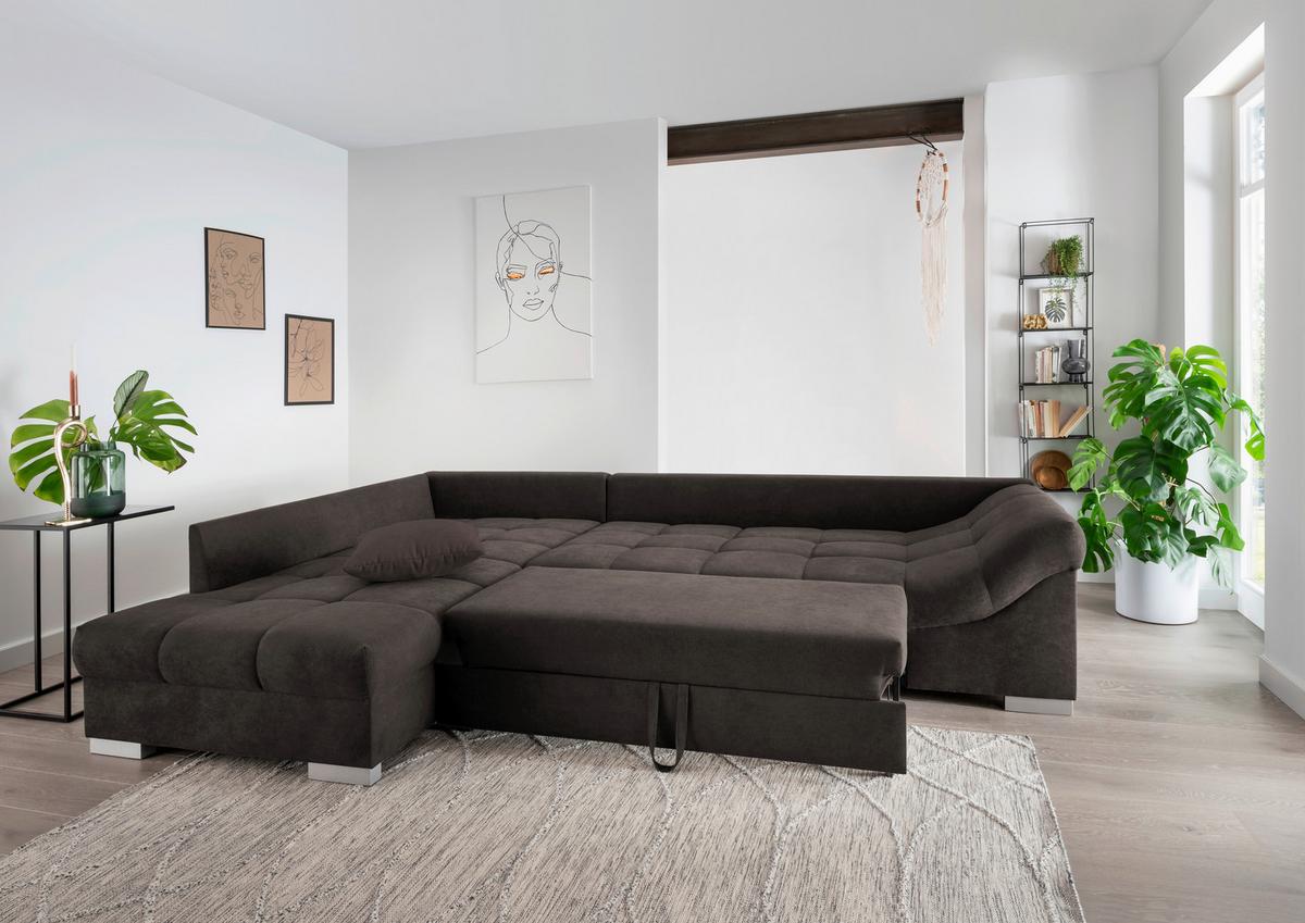 Eckschlafsofa Alvito Dunkelbraun S: 202/298 Cm - Dunkelbraun/Silberfarben, Design, Textil (202/298cm) - Livetastic