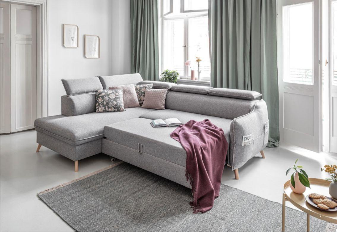 Rozkládací sedačka Simone, levé provedení - světle šedá/přírodní barvy, Moderní, dřevo/textil (253/82/95/208cm)