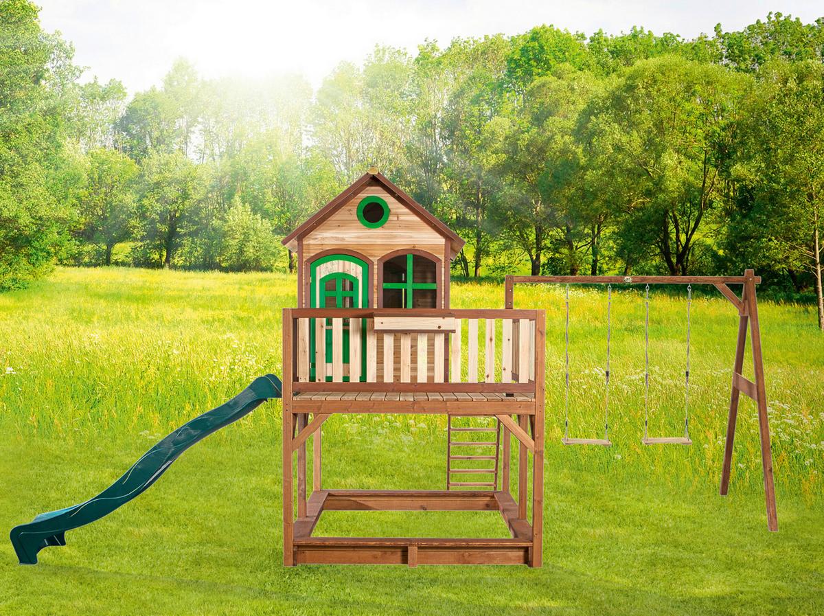 Spielhaus Holz mit Rutsche und Sandkiste Braun Axi Liam - Braun, Holz (588/305/270cm) - Ambia Garden
