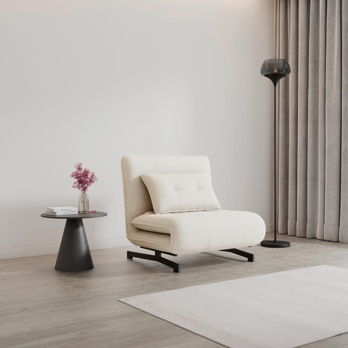 Rozkladacie kreslo LUNA, biele buklé, max.120 kg - čierna/biela, Modern, kov/textil (92/40/66cm) - Bessagi Home