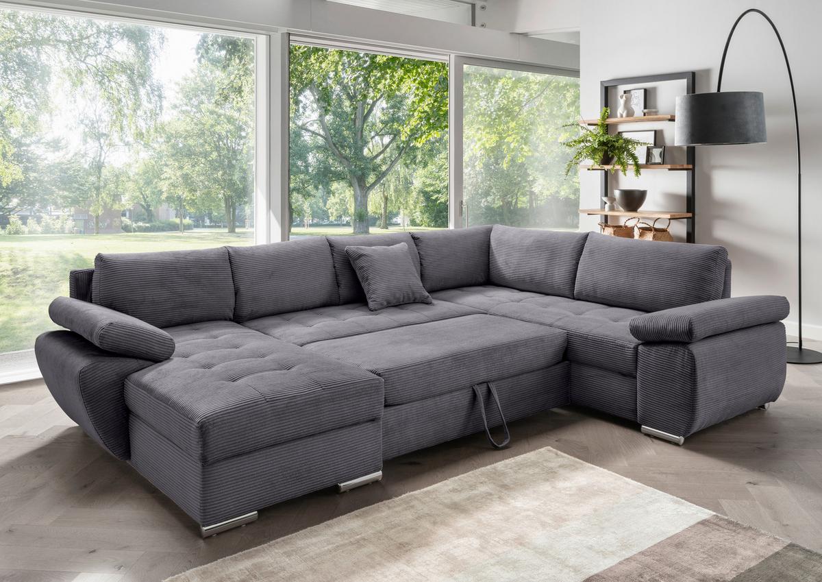 Wohnlandschaft Terana mit Schlaffunktion, Grau - Chromfarben/Grau, KONVENTIONELL, Textil (157/305/219cm) - P & B