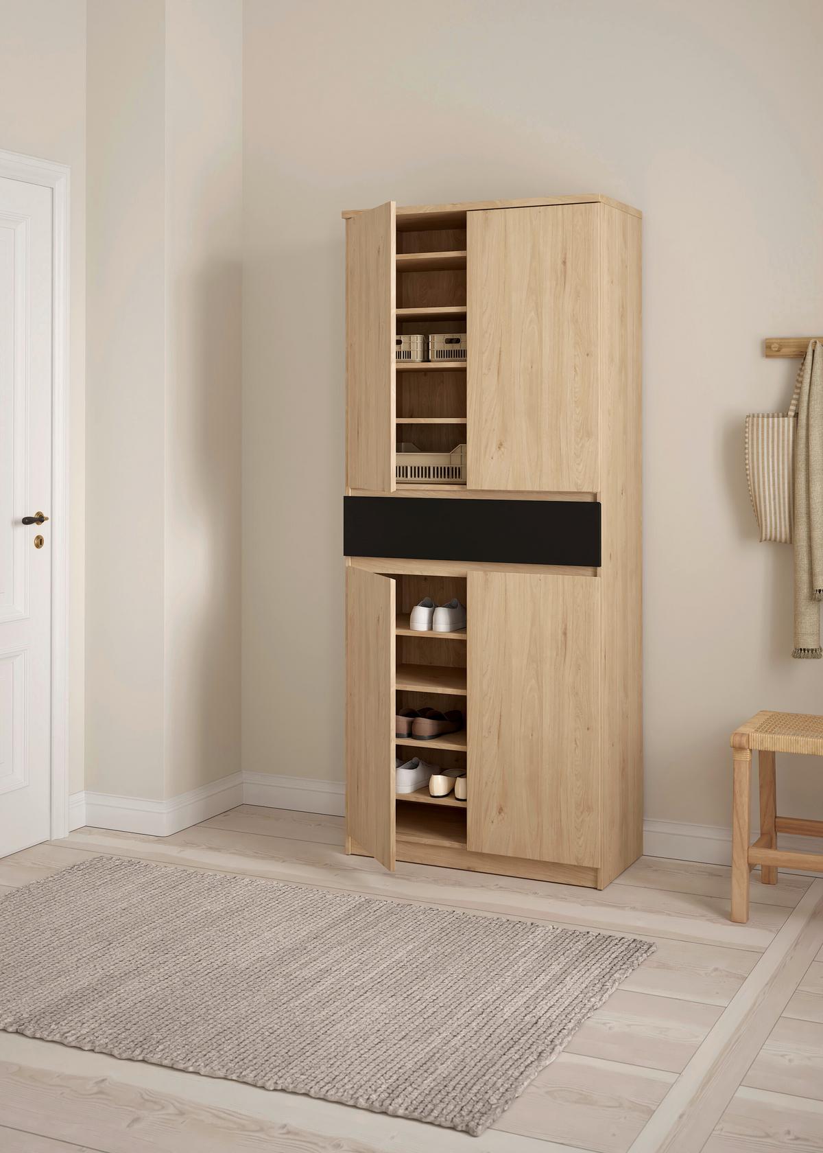 Schuhschrank Naia, Schwarz, Eichefarben, B: 80,4 Cm - Eichefarben/Schwarz, Design, Holzwerkstoff (80,4/191,7/40cm) - Livetastic