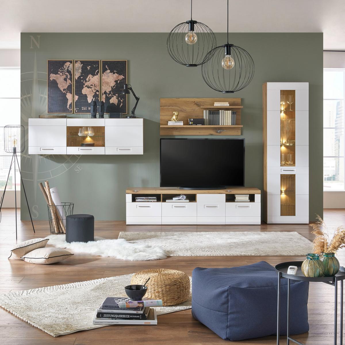 Wohnkombination 4-Tlg. Auris, Weiß/Eiche Dekor - Eichefarben/Weiß, MODERN, Glas/Holzwerkstoff (414,3/204,2/49,6cm) - Luca Bessoni