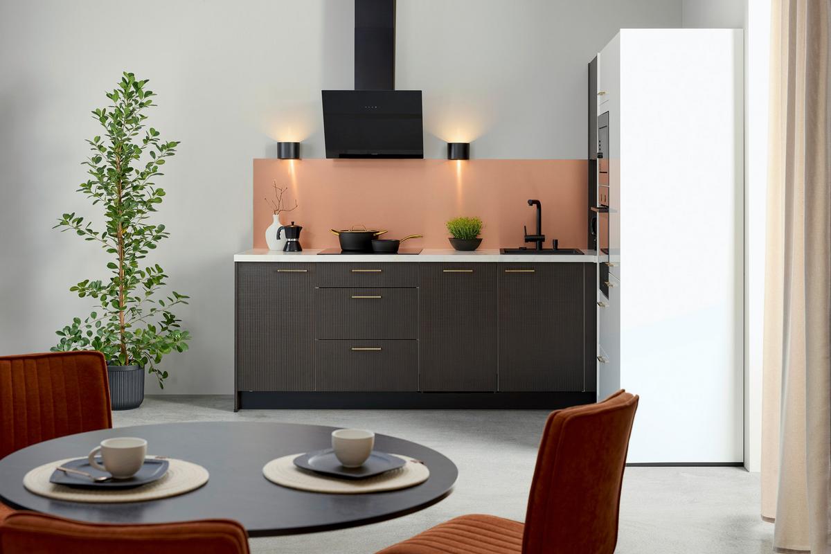 Eckküche Star/stripe - Weiß Hochglanz/Dunkelbraun, Design, Holzwerkstoff (266,6/188,3cm) - Express-Kuechen