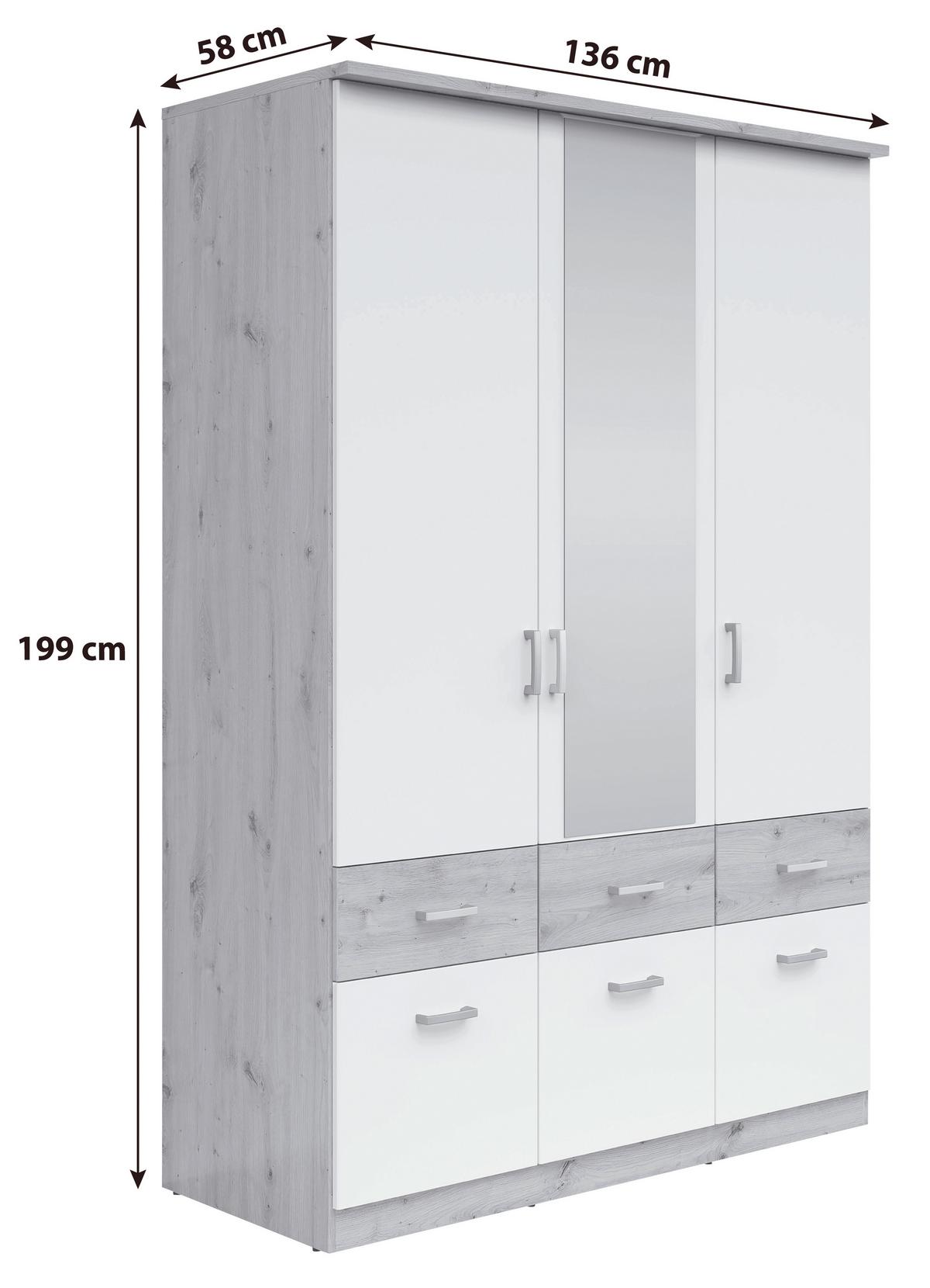 Drehtürenschrank mit Laden 136cm Brando, Weiß/Eiche Dekor - Silberfarben/Weiß, KONVENTIONELL, Holzwerkstoff (136/199/58cm)
