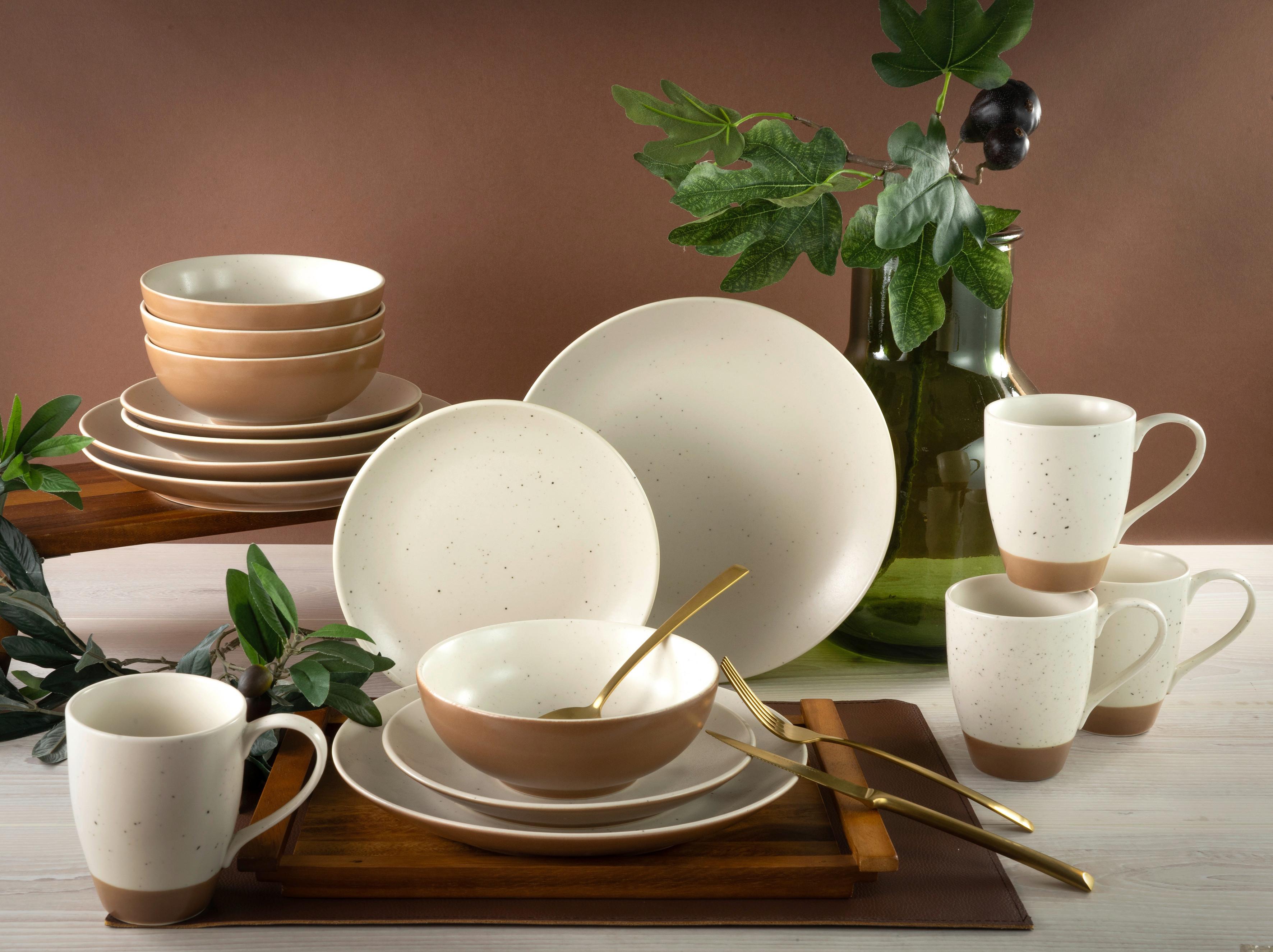 Kombiservice Dunes Keramik 4 Personen Geschirr Set - Terracotta/Weiß, Trend, Keramik (34/32/33cm) - Creatable