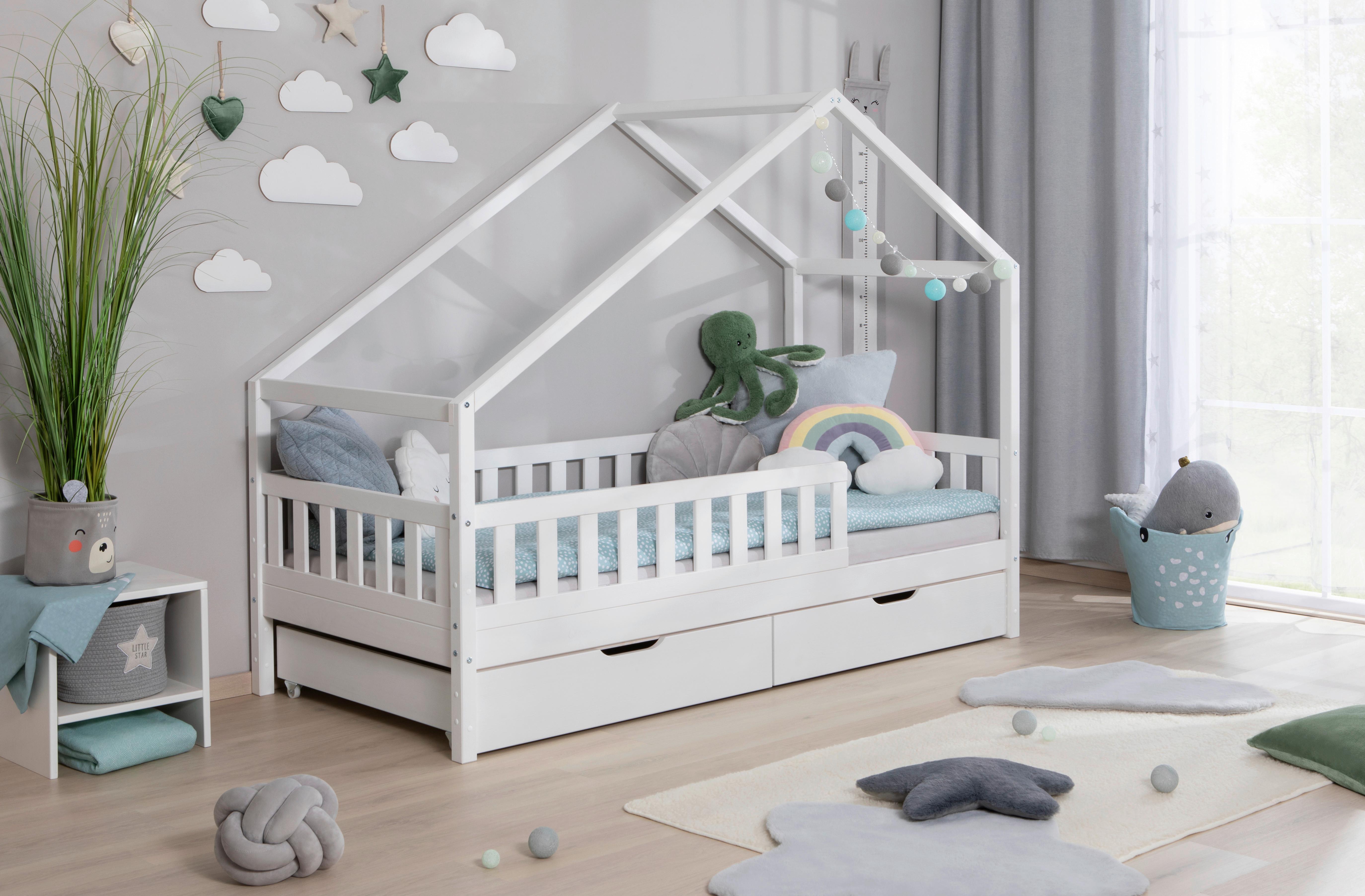 Hausbett Lou Bettschublade Weiß B: 100 Cm - Weiß/Naturfarben, MODERN, Holz/Textil (100/200cm) - MID.YOU