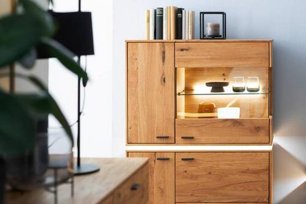 Highboard teilmassiv B: 93 cm Como Wildeiche - Wildeiche, Natur, Glas/Holz (93/137/38cm) - MID.YOU