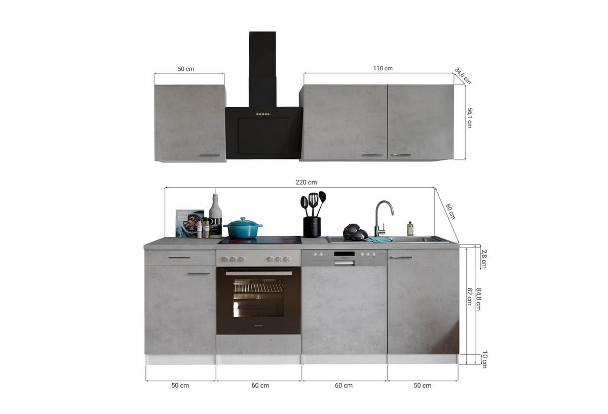 Küchenblock Malia B: 220 cm Grau, mit Geräte - Weiß/Grau, Basics, Holzwerkstoff (220cm) - Respekta