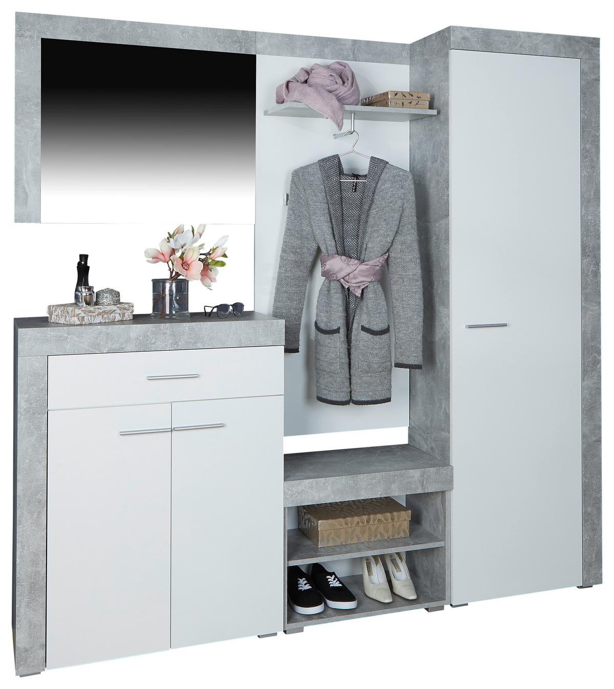 Garderobe Porto Betonoptik/ Weiß B: 200 cm Mit Spiegel - Weiß/Grau, MODERN, Holzwerkstoff (200/200/35,3cm)