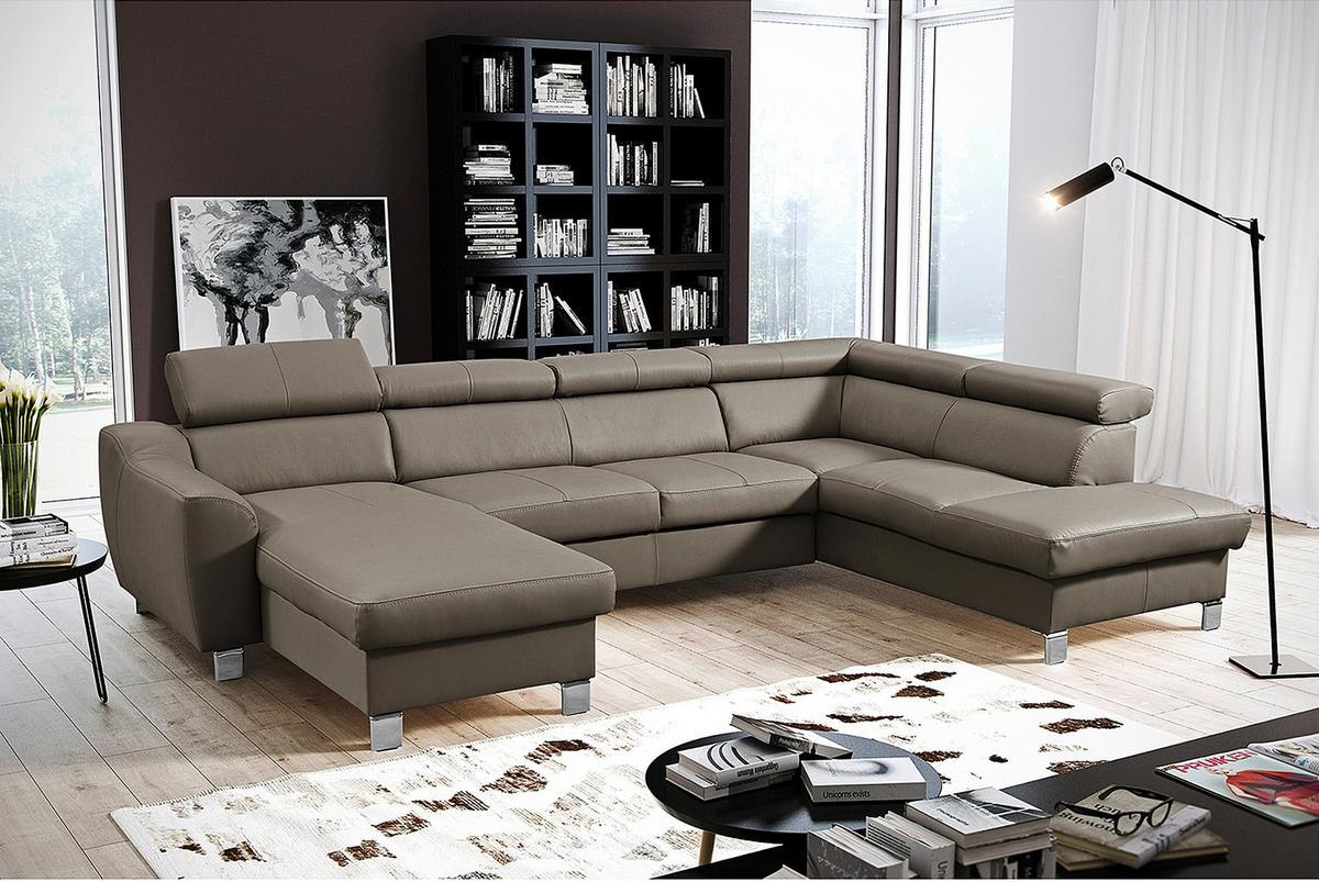 Wohnlandschaft Aspen Taupe U-Form: 175 cm - Taupe/Chromfarben, Design, Leder/Textil (175/315/208cm) - Livetastic