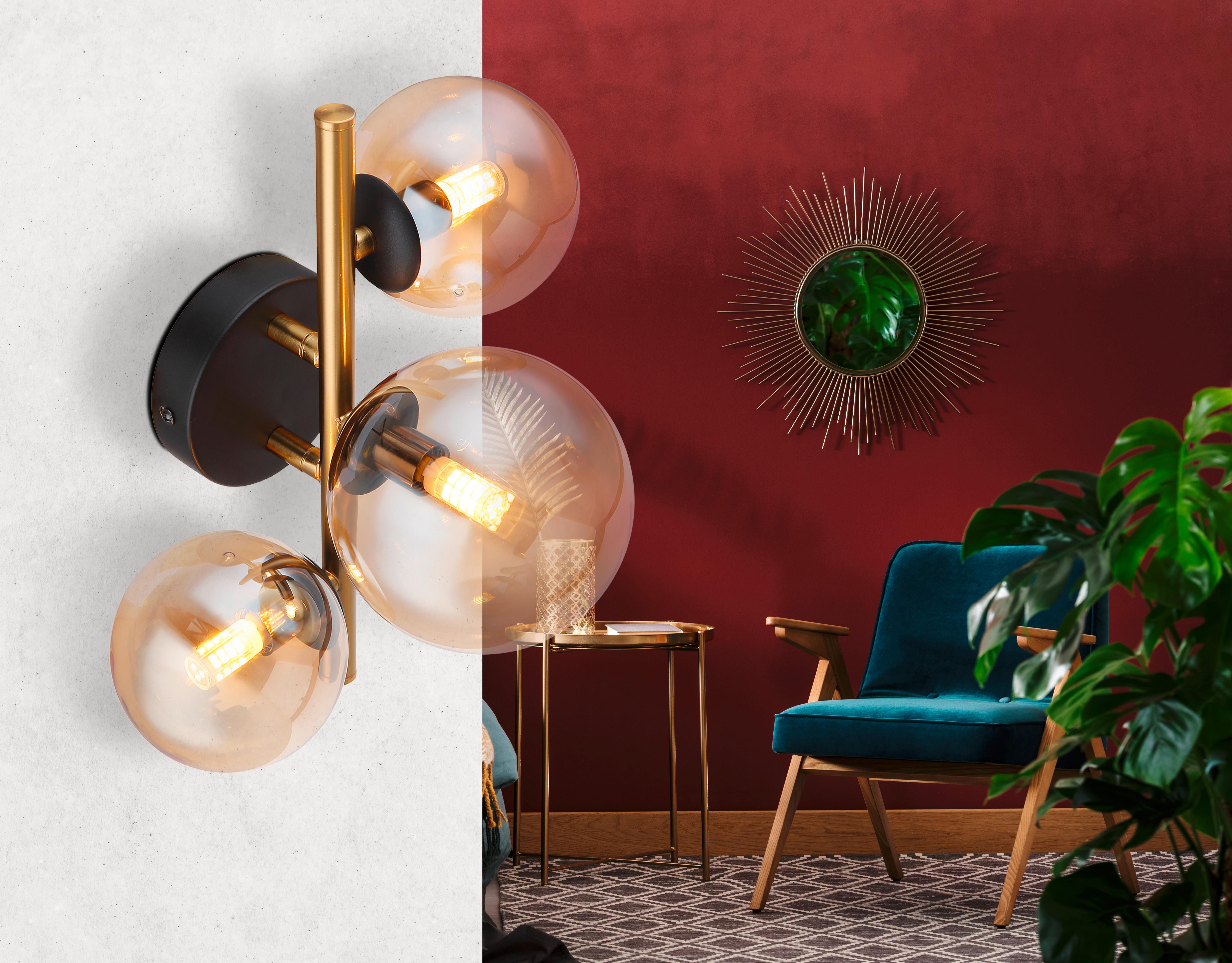 Led Falilámpa 56135-3w - fekete/sárgarézszínű, Design, Üveg/fém (28/21/19cm) - Globo