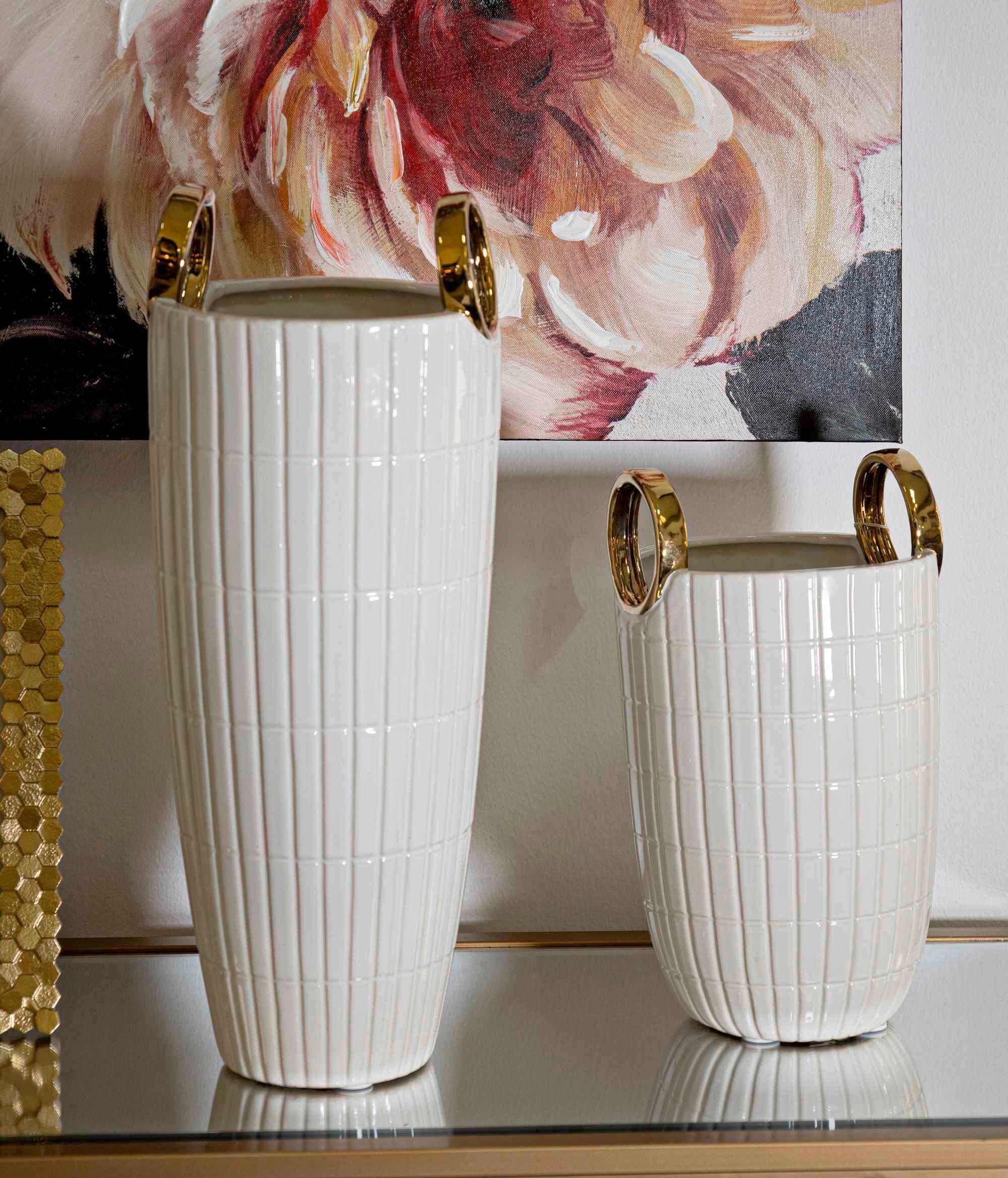 Vase Shopping Weiß, Goldfarben B: 18 Cm - Goldfarben/Weiß, Basics, Keramik (18/25/18cm)