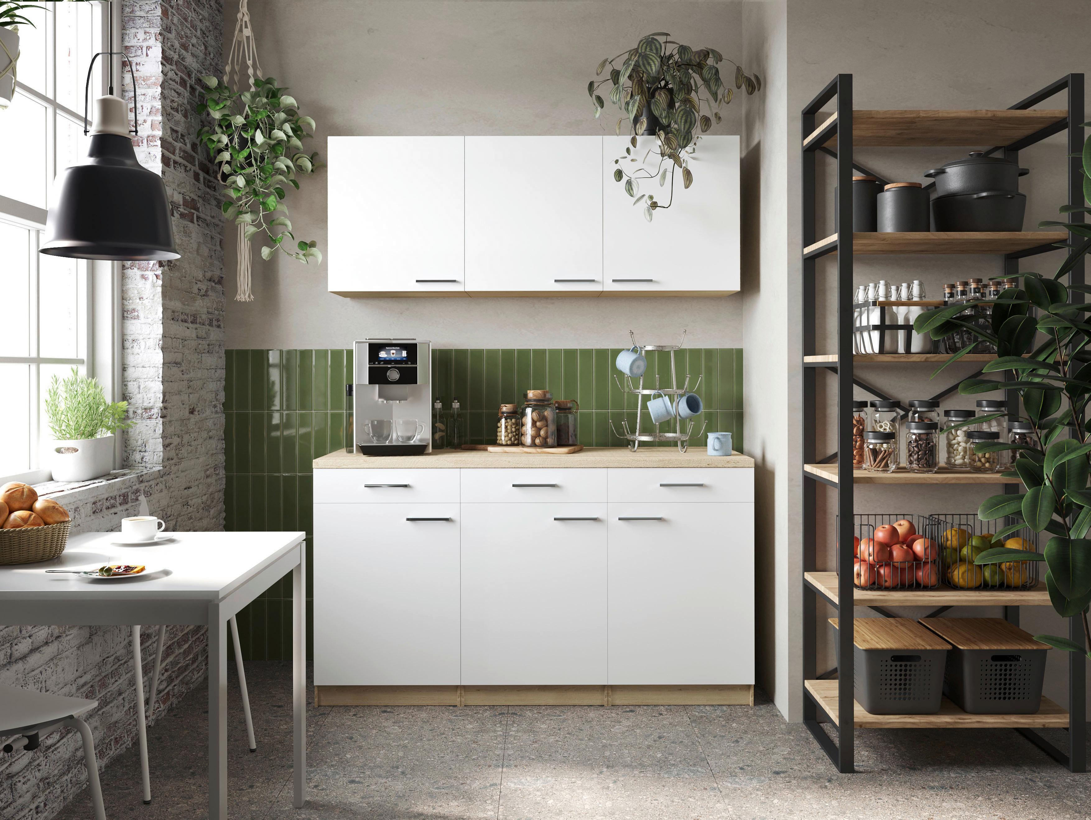 Miniküche Merle Weiß/Eiche Dekor B:150cm - Eichefarben/Weiß, Basics, Holzwerkstoff (150cm) - Respekta