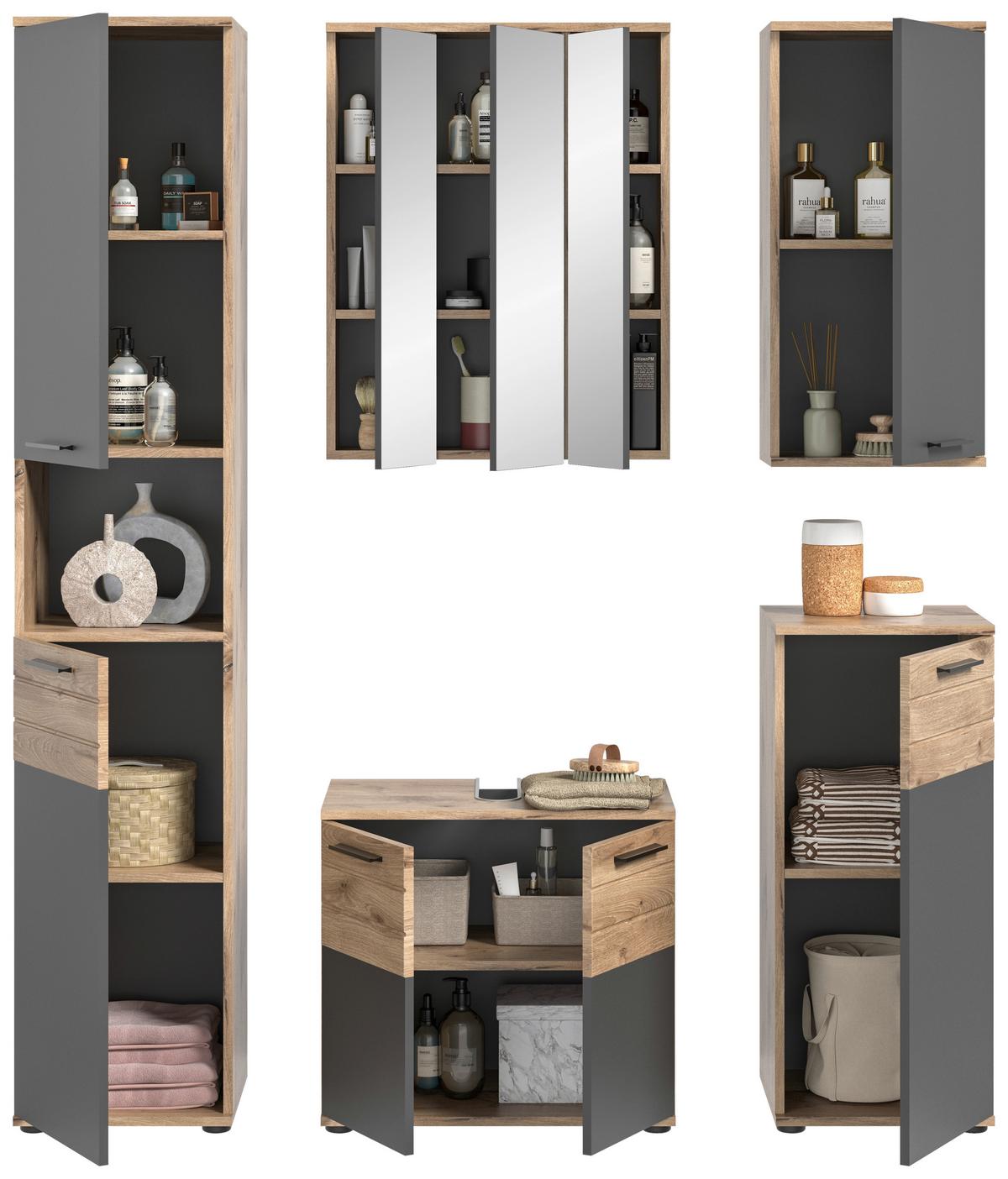 Badezimmer Mason Eiche Dekor Grau - Eichefarben/Schwarz, MODERN, Glas/Holzwerkstoff (130cm) - MID.YOU