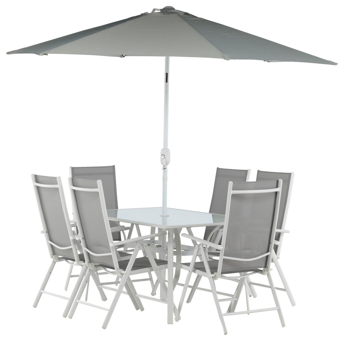 Gartentischgruppe 8-tlg Brekki Aus Aluminium Mit Schirm - Weiß, KONVENTIONELL, Glas/Metall - Gardenson