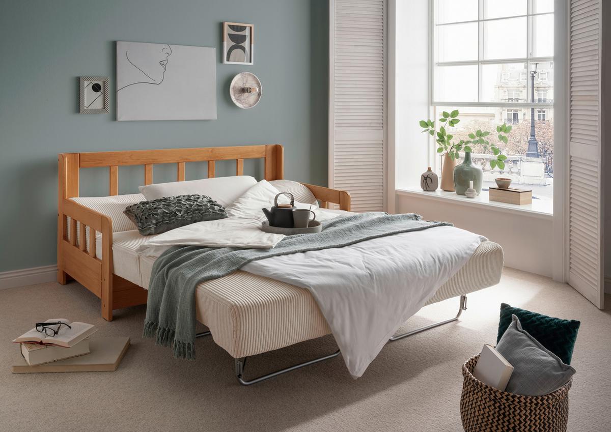 2-Sitzer-Sofa Mit Schlaffunktion Camino B:154 cm - Beige/Kieferfarben, MODERN, Holz/Textil (154/88/90cm) - Livetastic