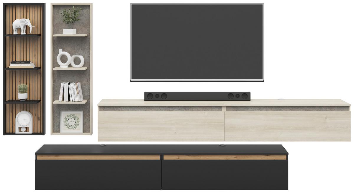 Lowboard Pascal 230cm, Schwarz Pascal - Schwarz/Eiche Artisan, MODERN, Holzwerkstoff (200/160/35cm)