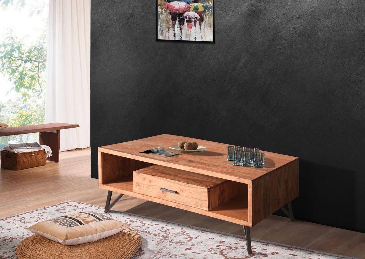 Couchtisch Indira Akazie Massiv, B: 118 Cm - Schwarz/Akaziefarben, ROMANTIK / LANDHAUS, Holz/Metall (118/45/60cm)
