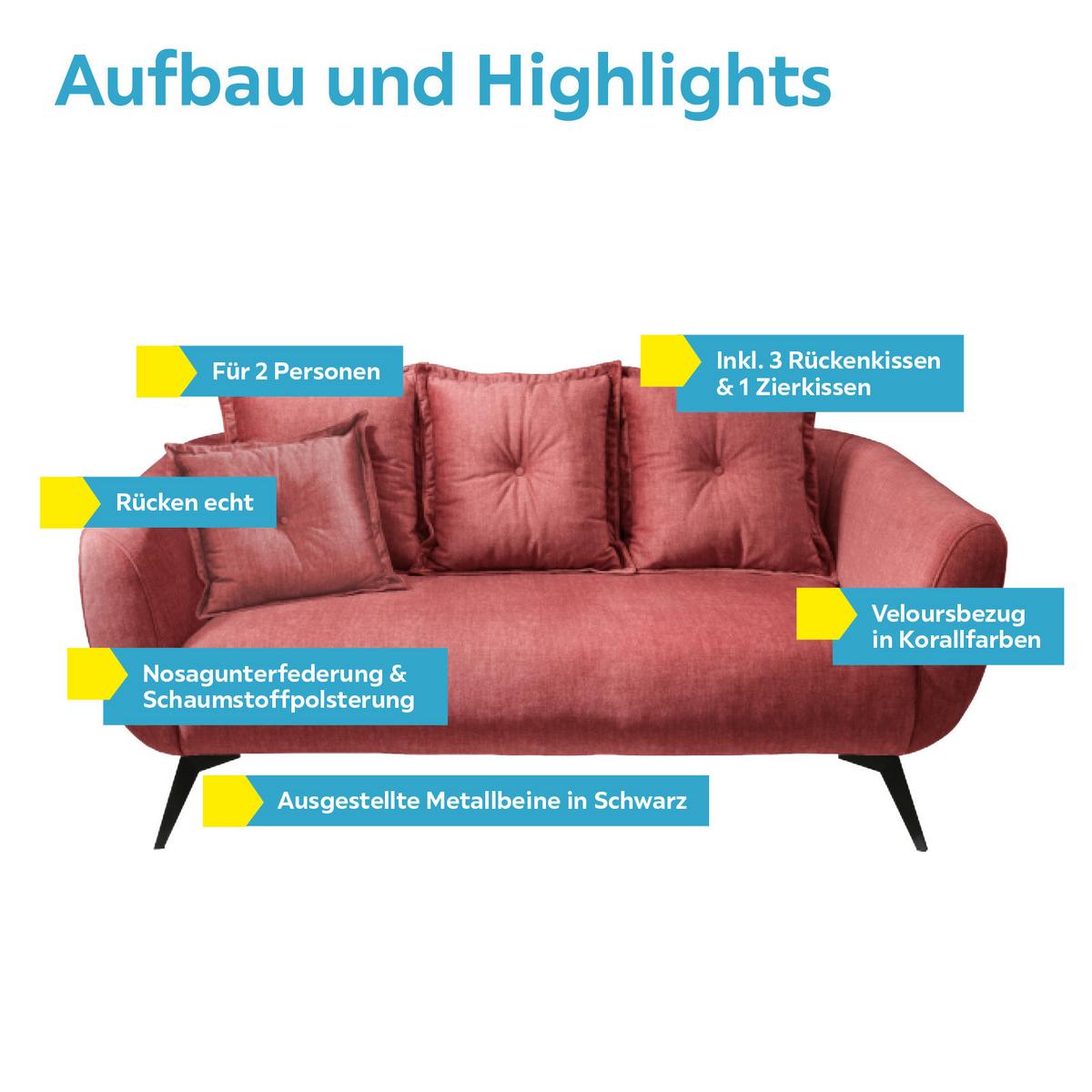 2,5-Sitzer-Sofa Baggio mit Kissen Koralle - Koralle/Schwarz, MODERN, Holz/Textil (196/94/103cm) - Livetastic